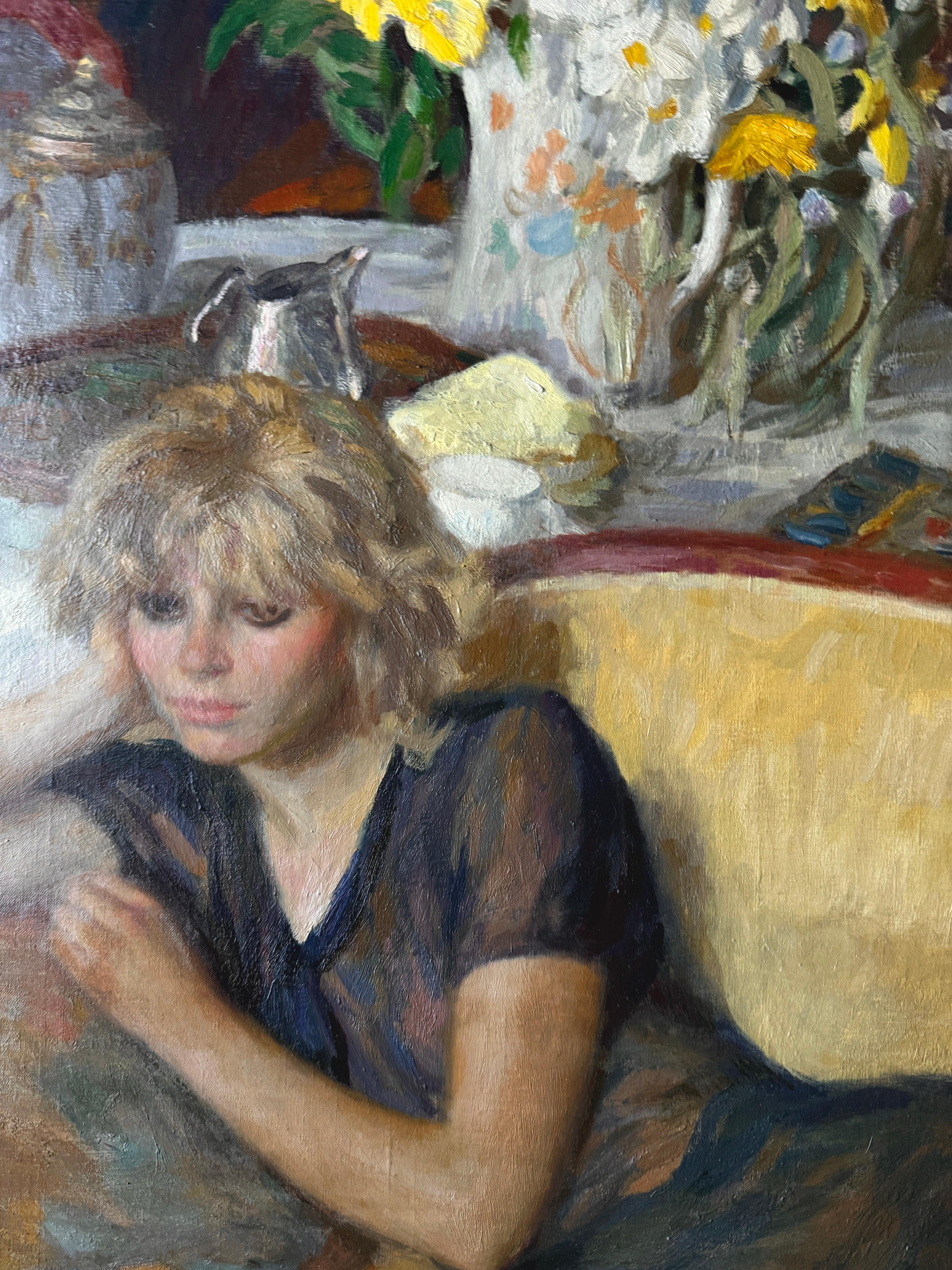 Junge Frau mit Blumen Öl auf Leinwand Gemälde im Angebot 2