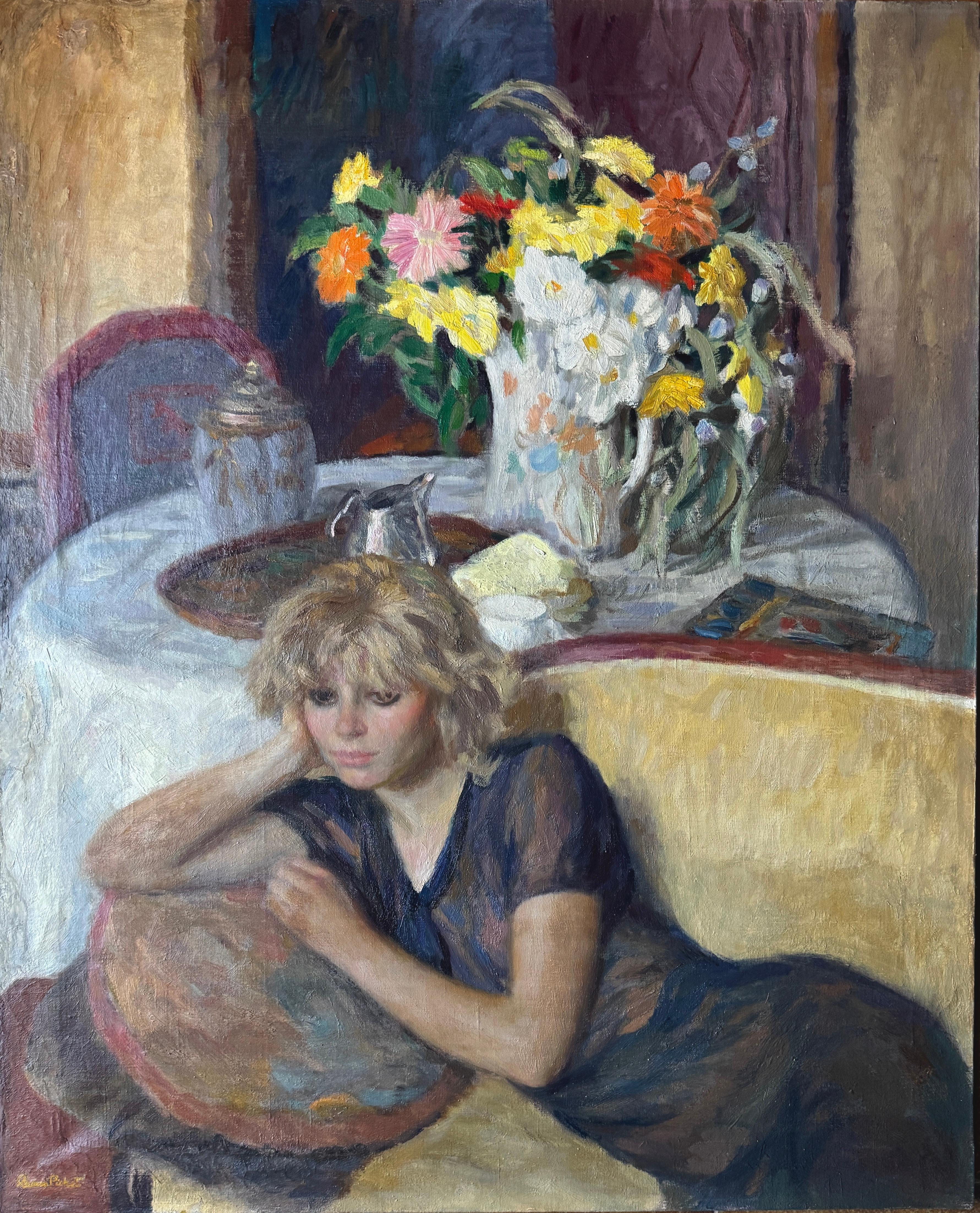 Junge Frau mit Blumen Öl auf Leinwand Gemälde