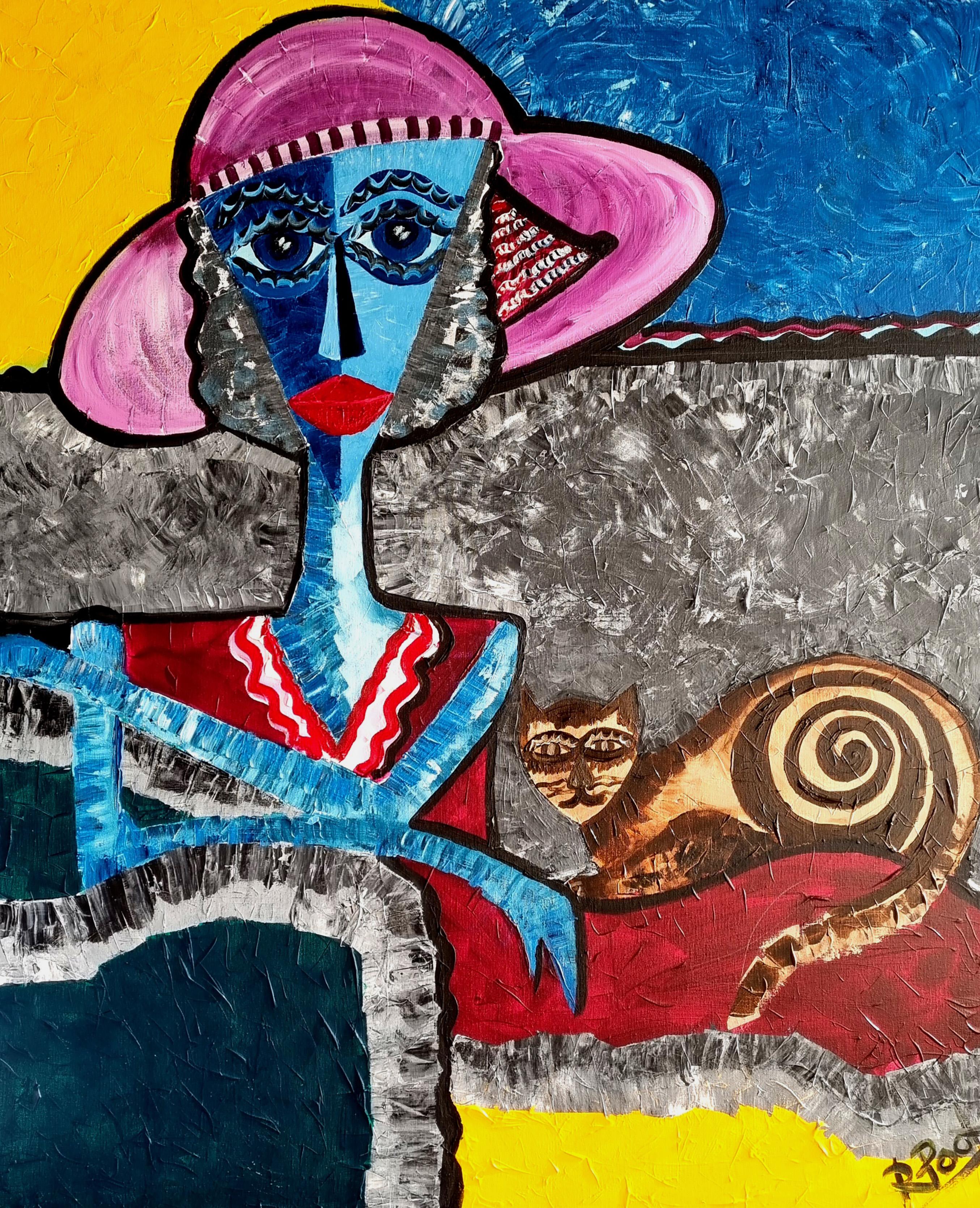 Ramon Poch Abstract Painting - R Poch  Cat Women 109. Mujer con gato  original acrylic painting