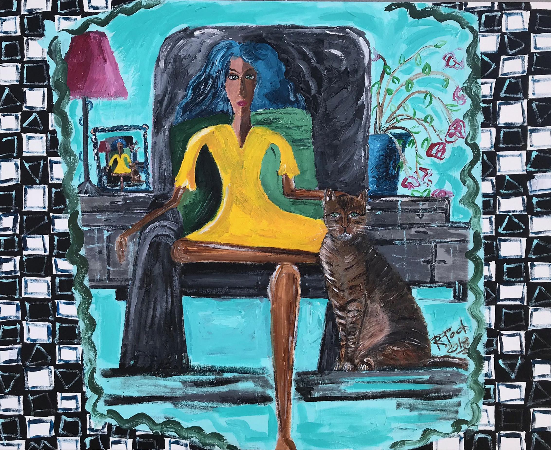 Ramon Poch Abstract Painting - 16.-Woman with Cat   acrylic painting