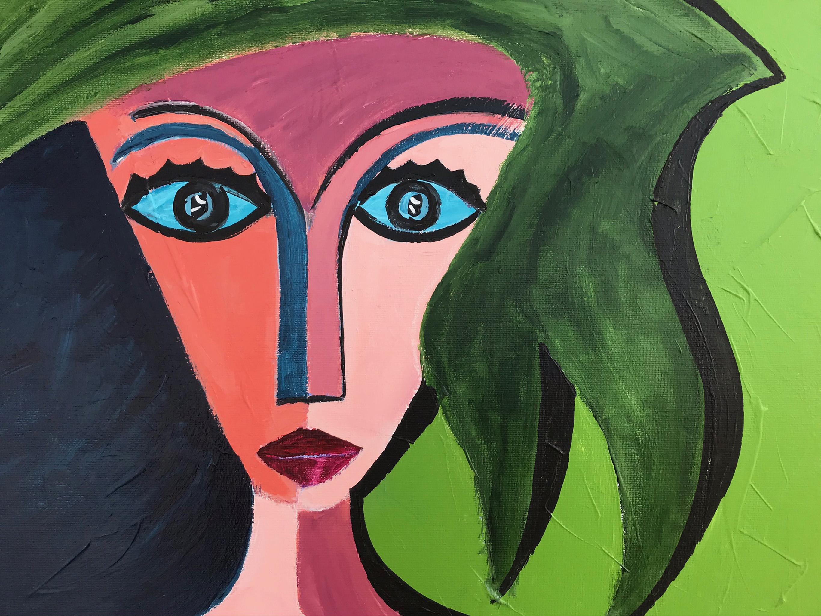 Ramon Poch  Woman over Green 100 x 130 cm  acrylic painting For Sale 3