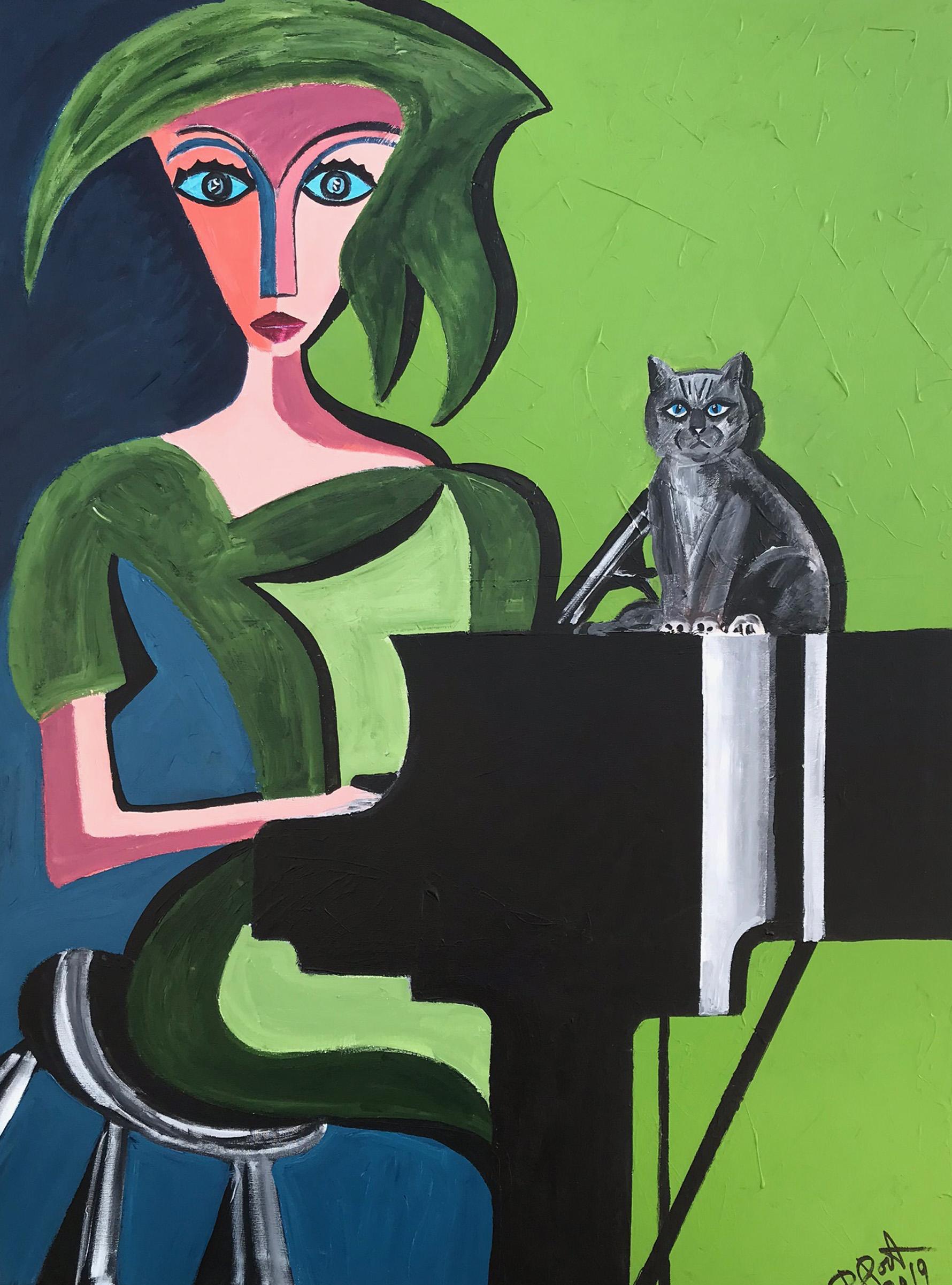 Ramon Poch  Woman over Green 100 x 130 cm  acrylic painting For Sale 1