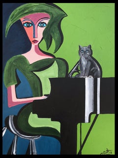 Ramon Poch  Femme sur le vert 100 x 130 cm  peinture acrylique