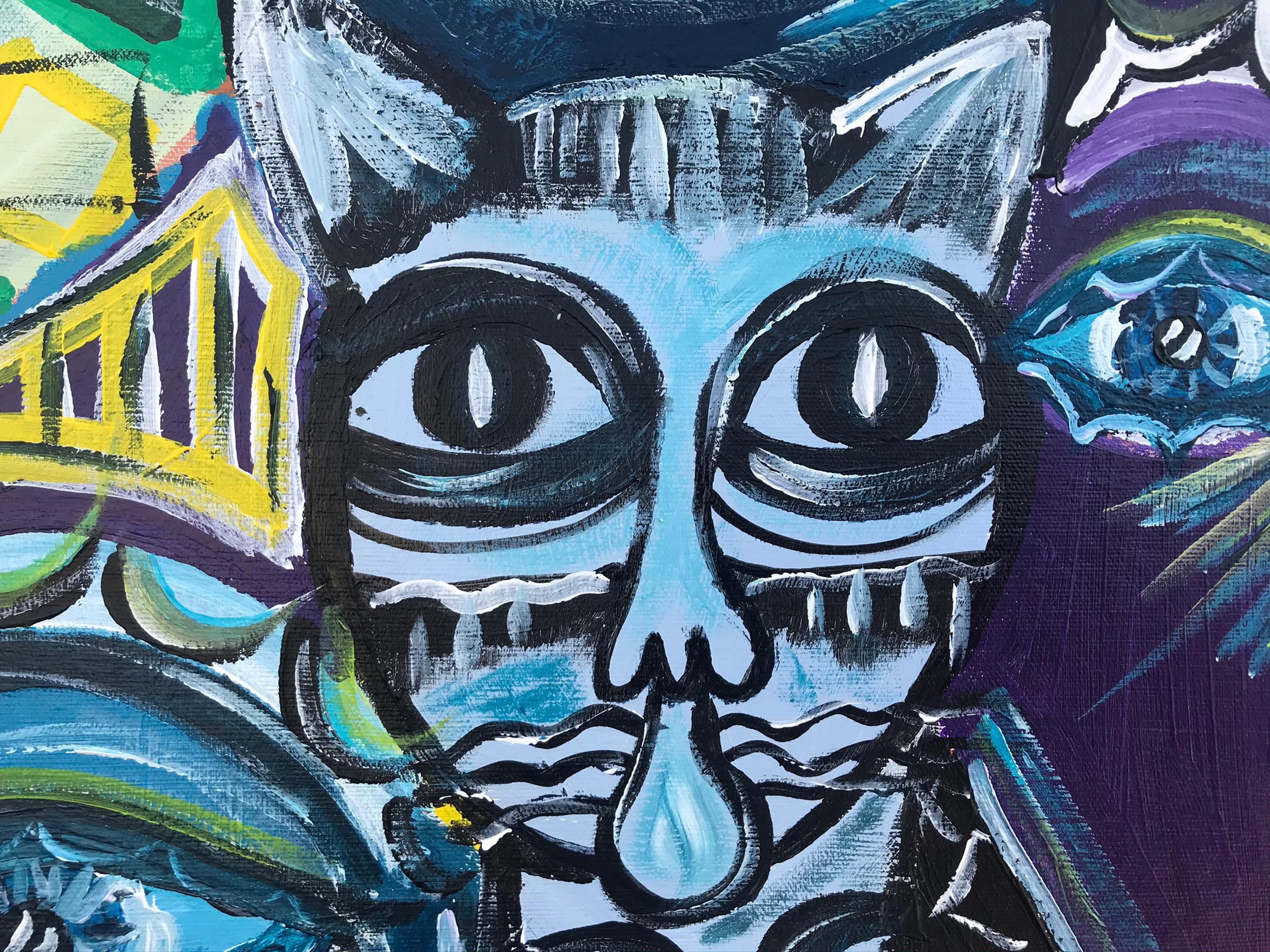 R Poch  Femmes 33 avec chat   peinture acrylique en vente 1