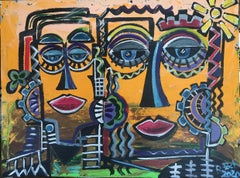 R. Poch  10 Dos mujeres  Azul y amarillo pintura acrílica original