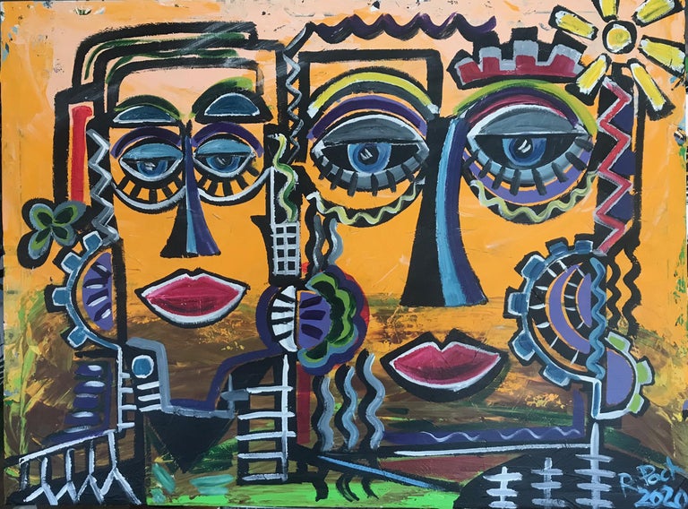 Ramon Poch - 61 R. Poch. two women. blue and yellow original acrylic ...