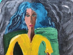 Abstract Acrylic Painting of Woman with Cat, 100 x 80 cm