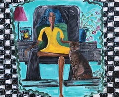 Abstract Acrylic Painting of Woman with Cat, 100 x 80 cm