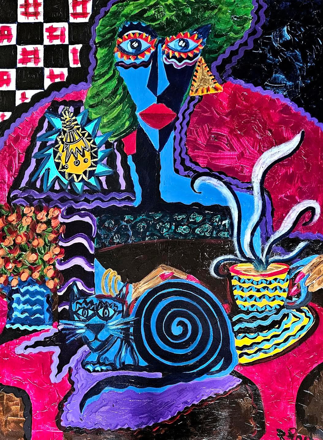 Ramon Poch Figurative Painting - Felix in Blue 131 Acrylic Painting, Expressionist Style, Framed, 2010+