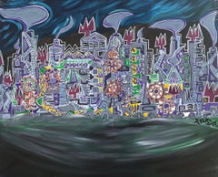 Poch 11 Cement Factory Acrylic Paintings, Abstract Expressionist, Framed