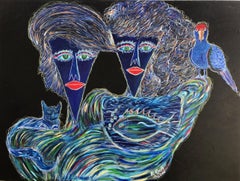 POch 25 Family in Blue Acrylic Painting, Abstract Expressionism, Unframed