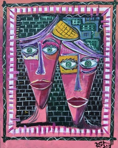Poch 46 Couple in Red Acrylic Painting, Abstract Expressionist, 2010, Framed
