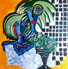 R. Poch 102 Couple with Flowers Acrylic Painting, Abstract Expressionist, 2010-
