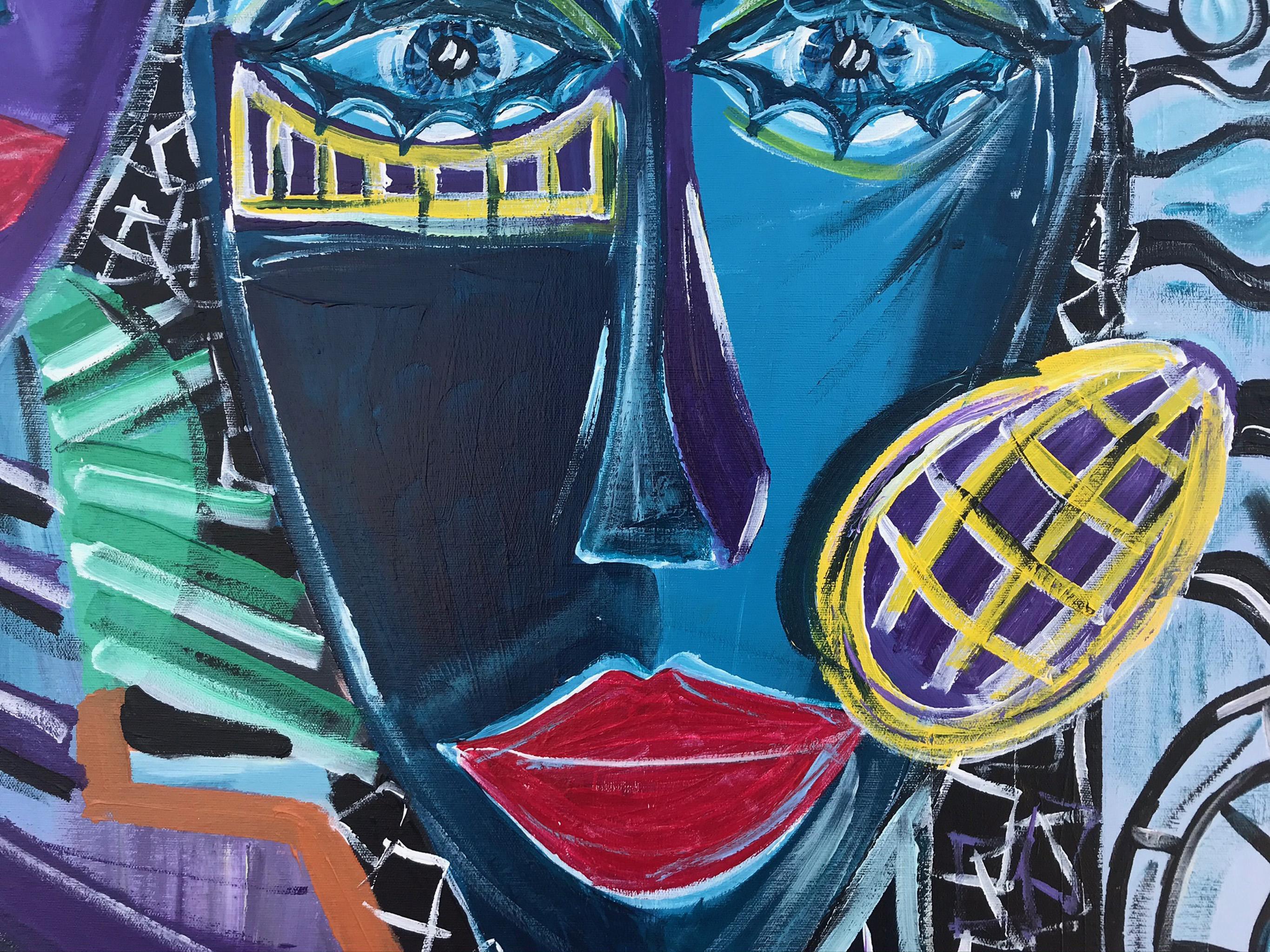 R Poch 11 femmes 33 avec chat   peinture acrylique - Bleu Abstract Painting par Ramon Poch