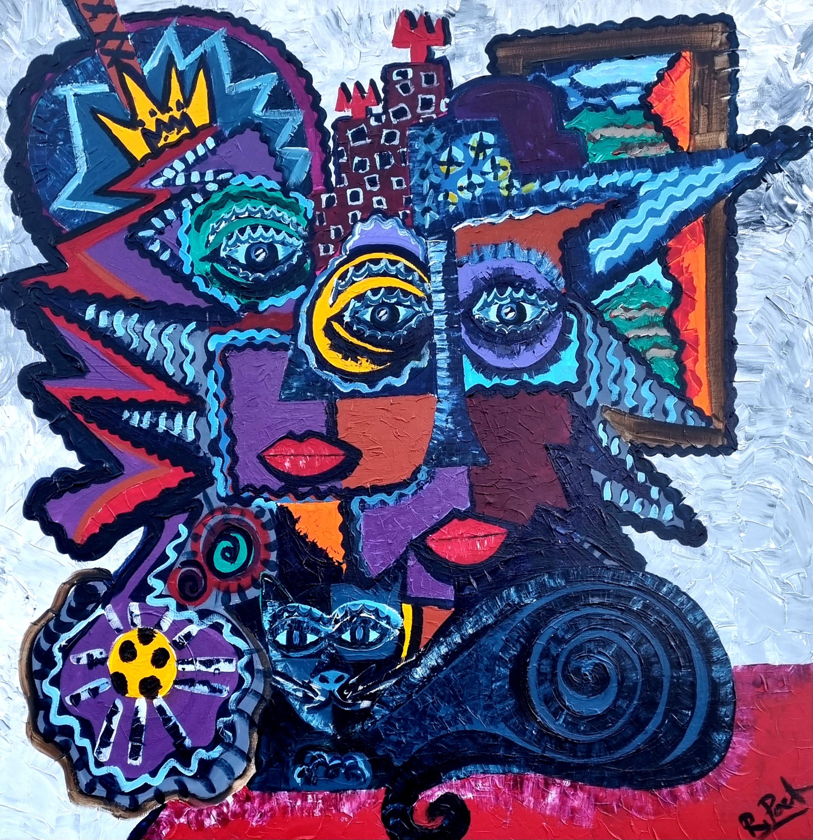 R Poch 112 Cat : paire de chats, peinture acrylique originale