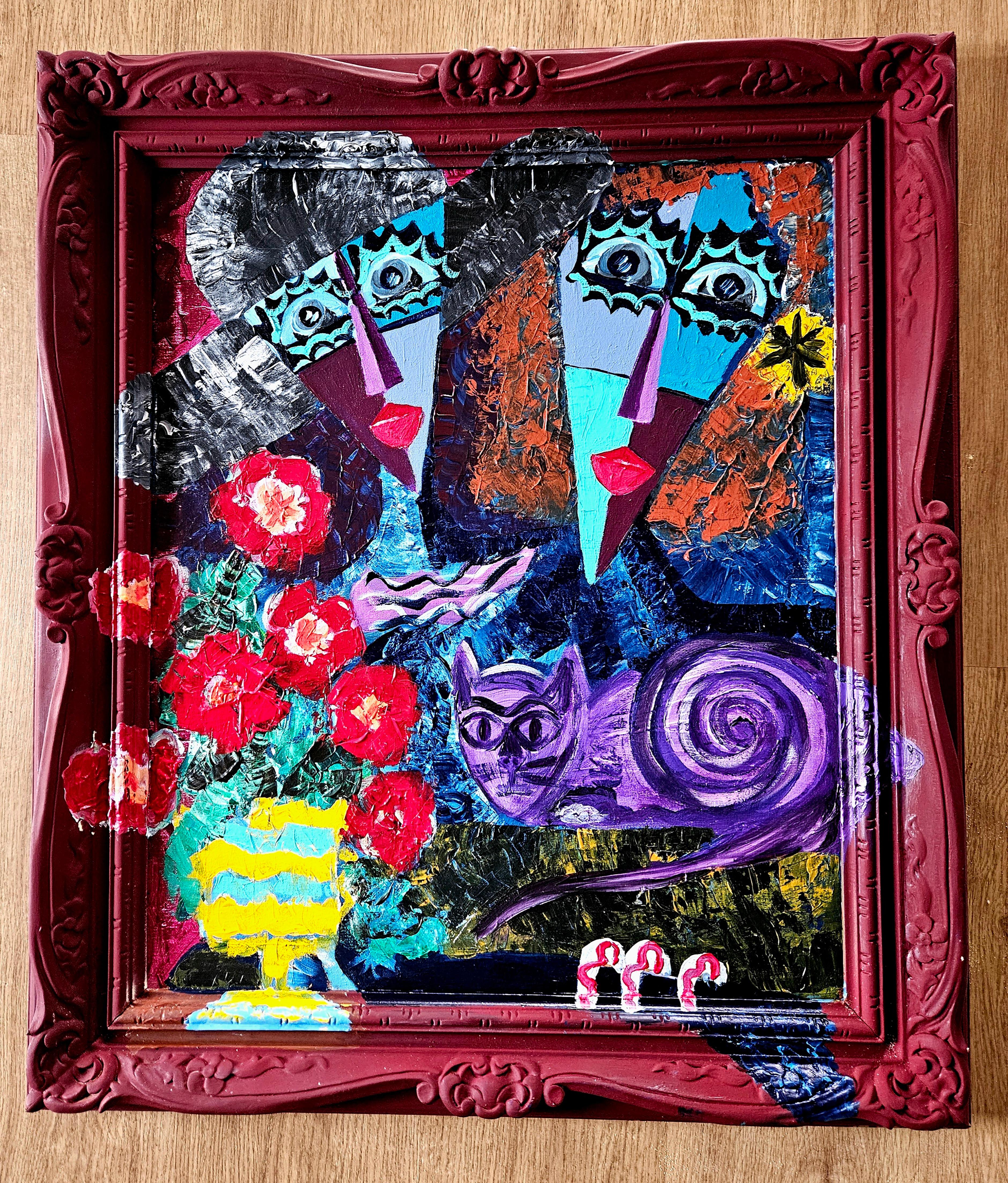 Ramon Poch Still-Life Painting -  R. Poch.  flowers and cat  original acrylic canvas painting