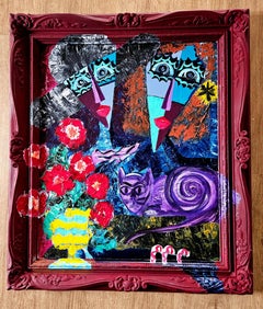  R. Poch. 13  fleurs et chat  peinture acrylique originale sur toile