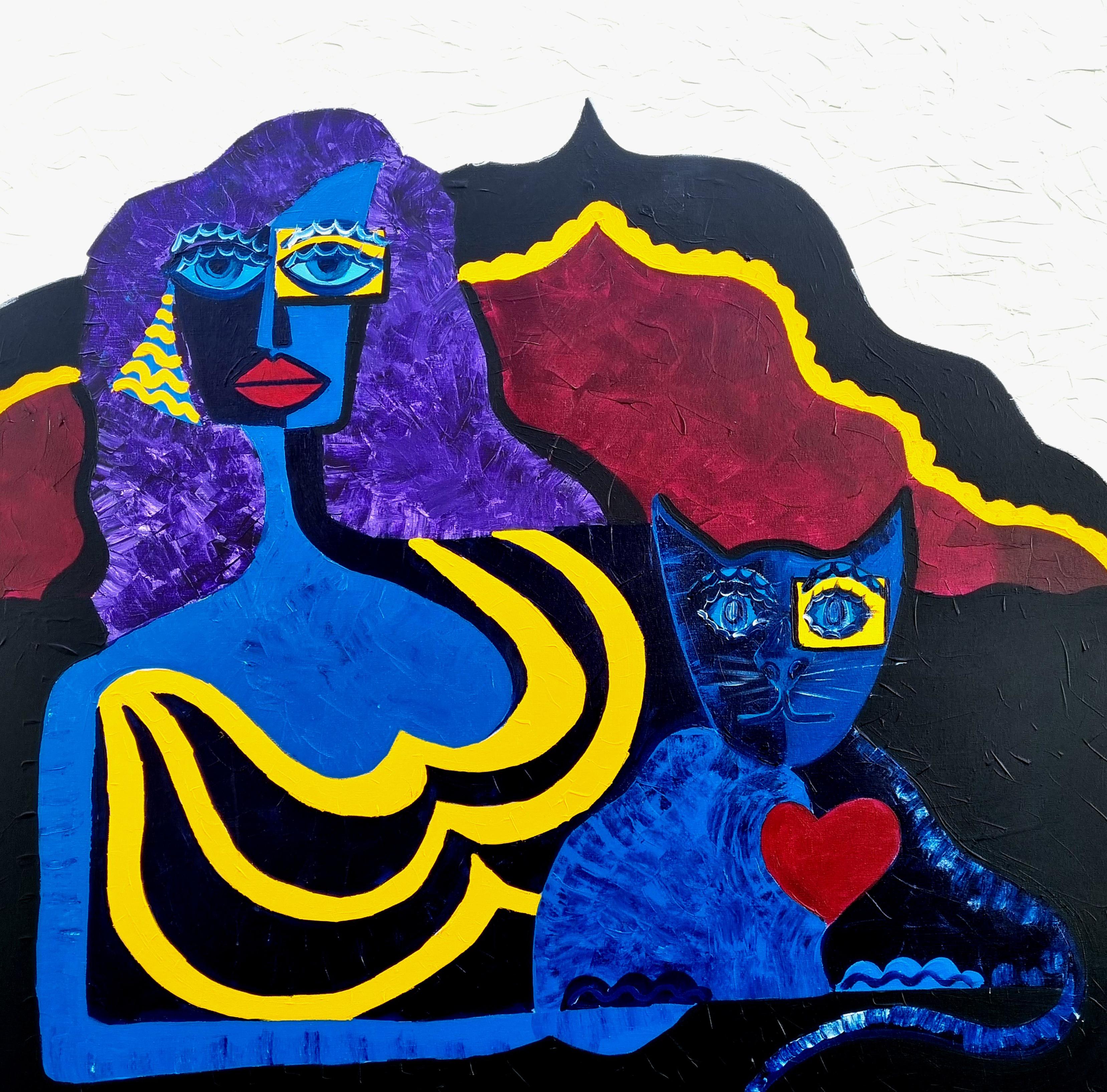 Abstract Painting di Ramon Poch - R. Poch 5   Donna Blu CONSUELO. 120 x 120 cm dipinto originale in acrilico