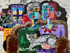  R. Poch. Deux femmes dans un fauteuil avec un chat et un fenêtre, peinture acrylique originale