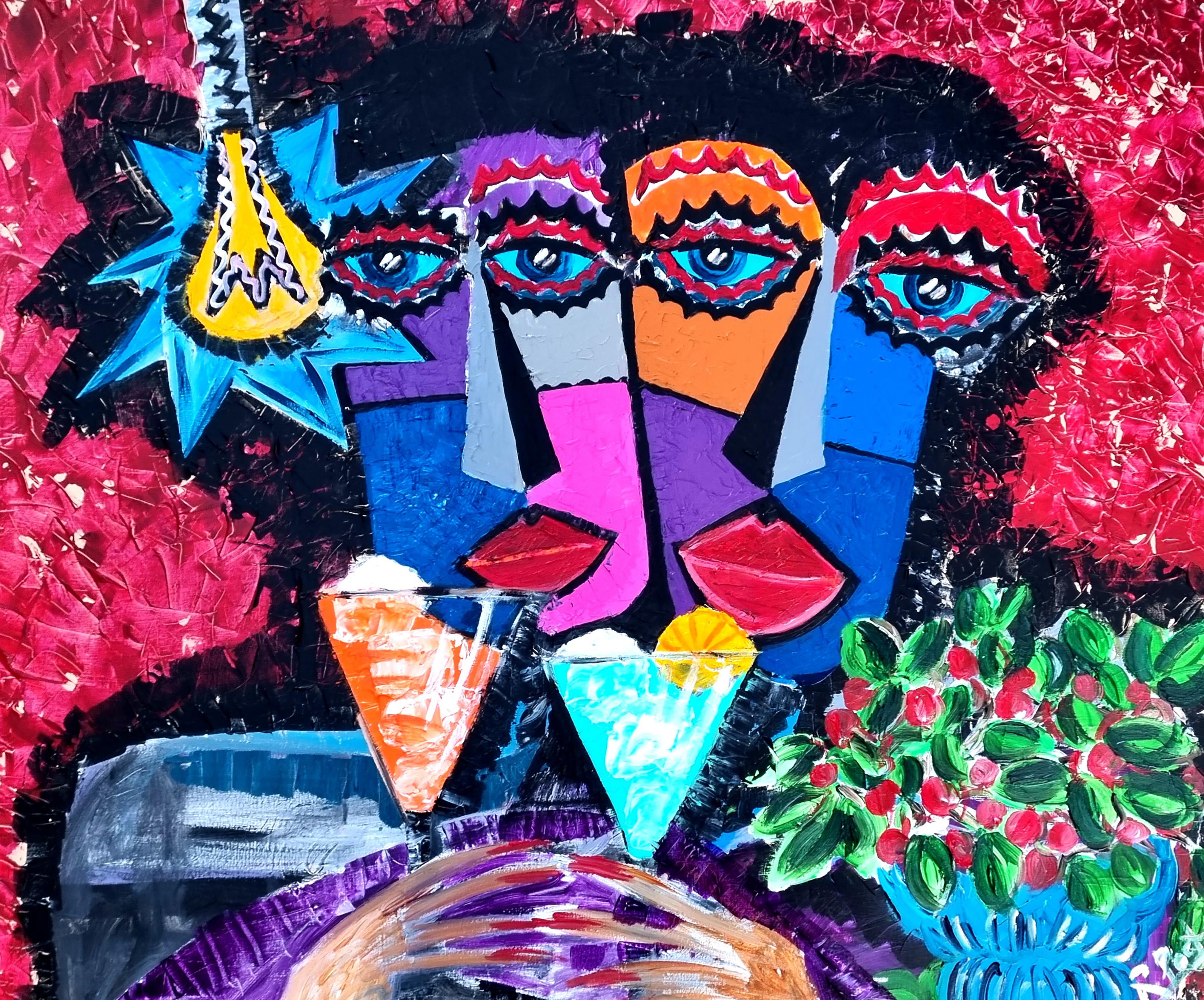 R. Poch 6 Rot. Retrato con copas, Original-Acrylgemälde im Angebot 1