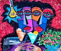 R. Poch 6 Red. Retrato con copas pittura acrilica originale