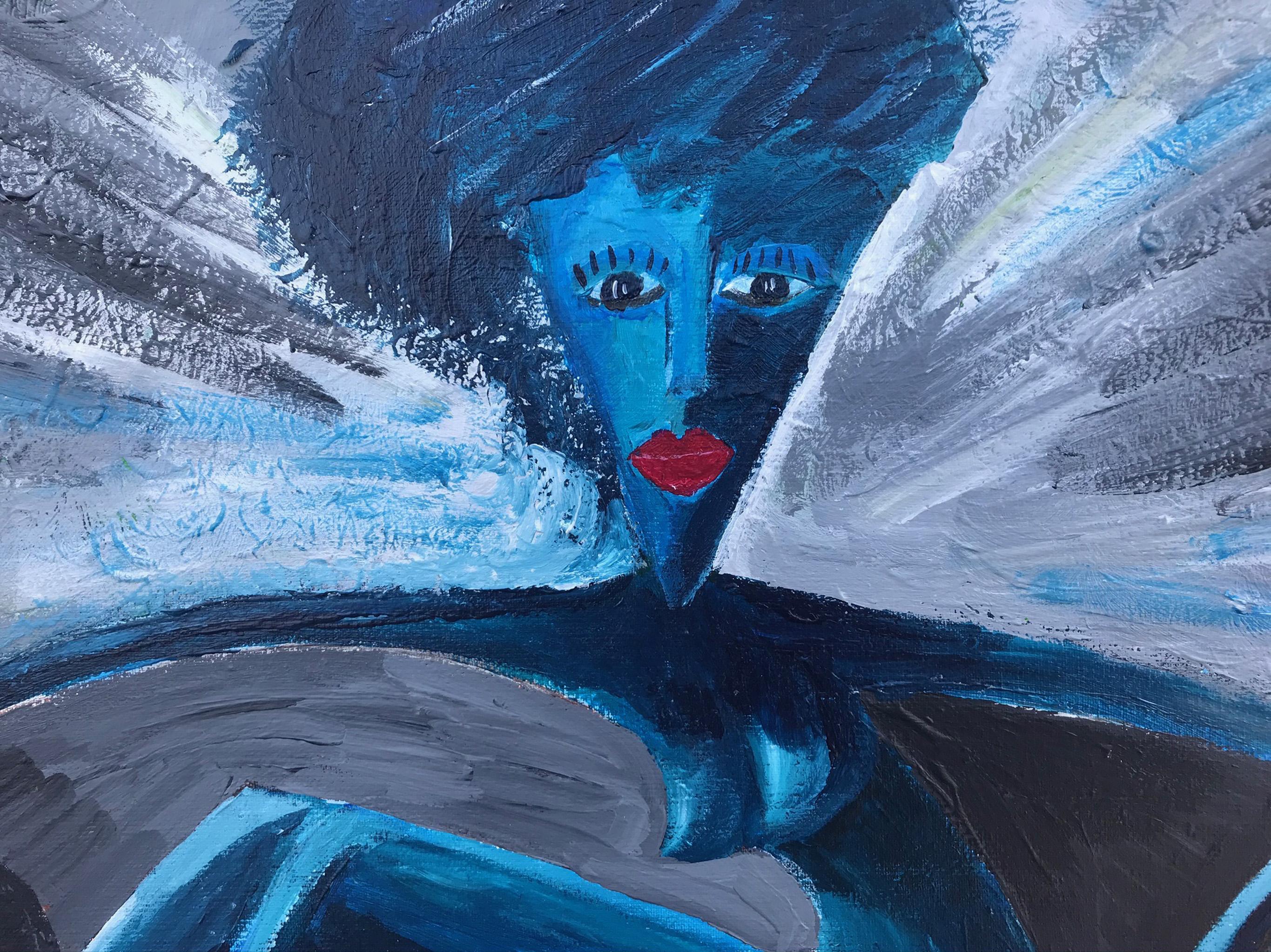  R. Poch   Femme bleue sur canapé    peinture acrylique - Painting de Ramon Poch
