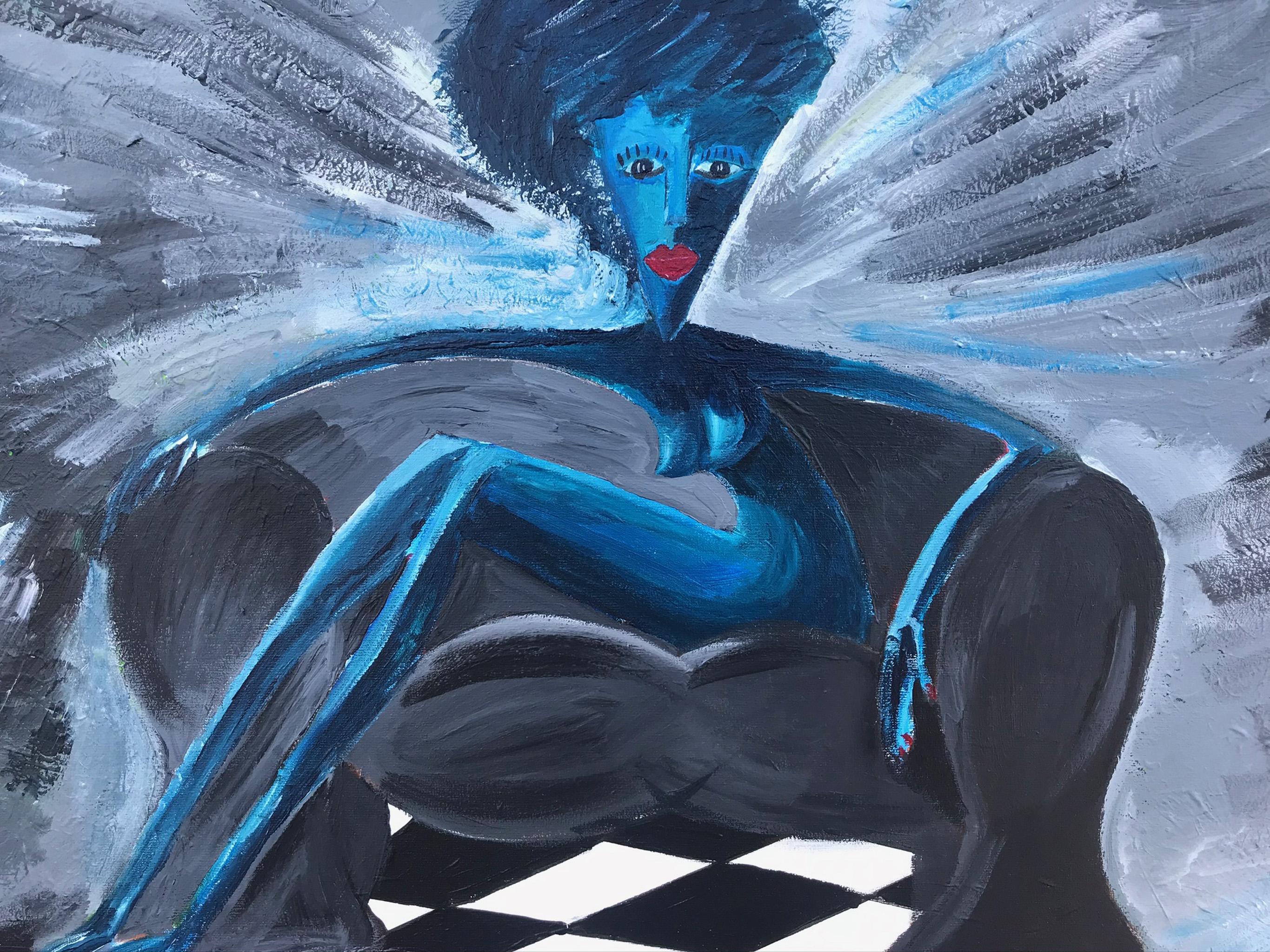  R. Poch   Femme bleue sur canapé    peinture acrylique - Expressionnisme abstrait Painting par Ramon Poch