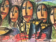 R Poch 8 visages  Happy Birthday 43 peinture acrylique originale