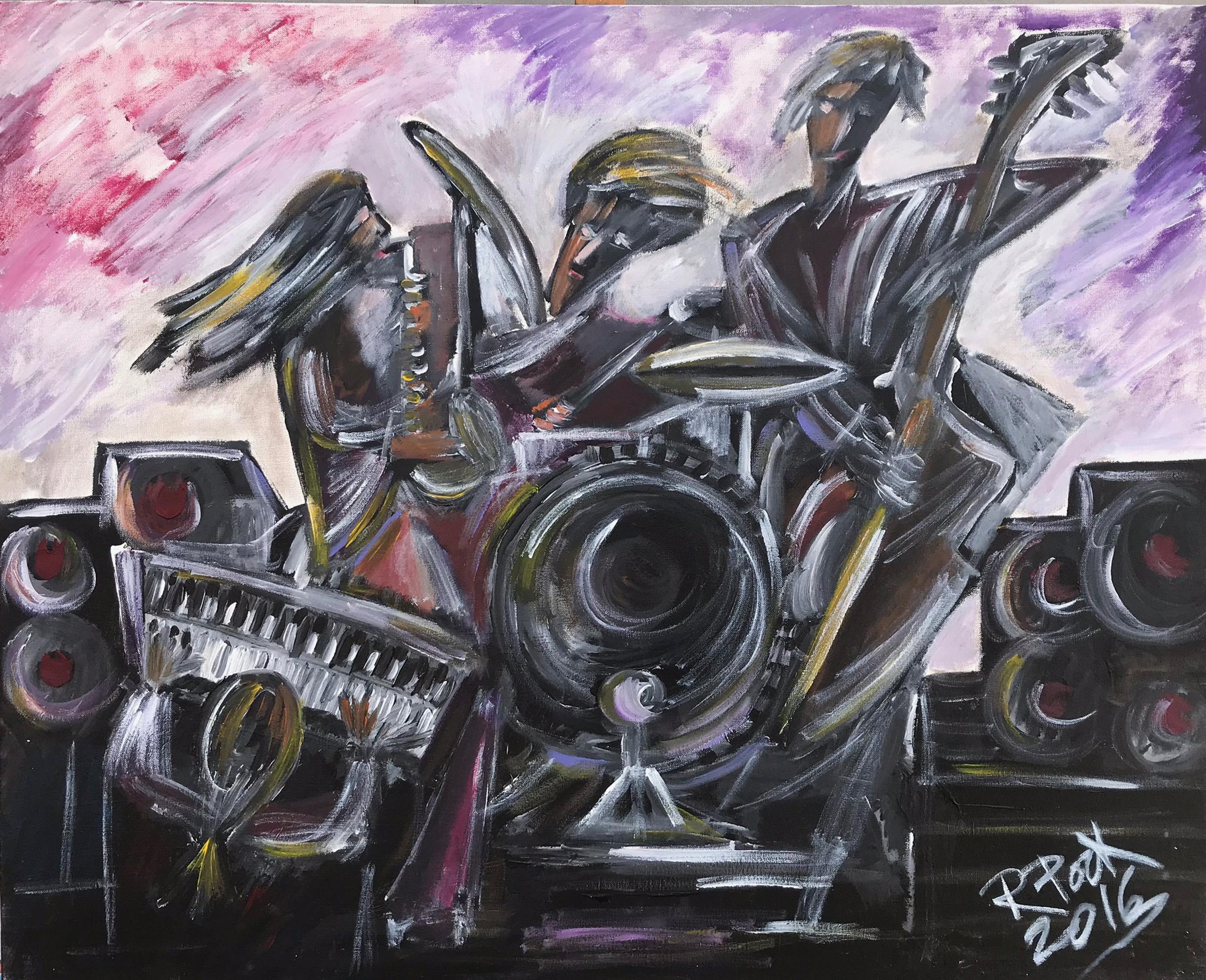 Figurative Painting Ramon Poch - R. Poch  Quartet de jazz   peinture acrylique