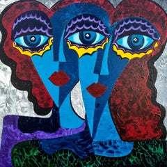 R. Poch. 91.-Three Eyes Two Woman Blue Eyes original acrylic canvas painting