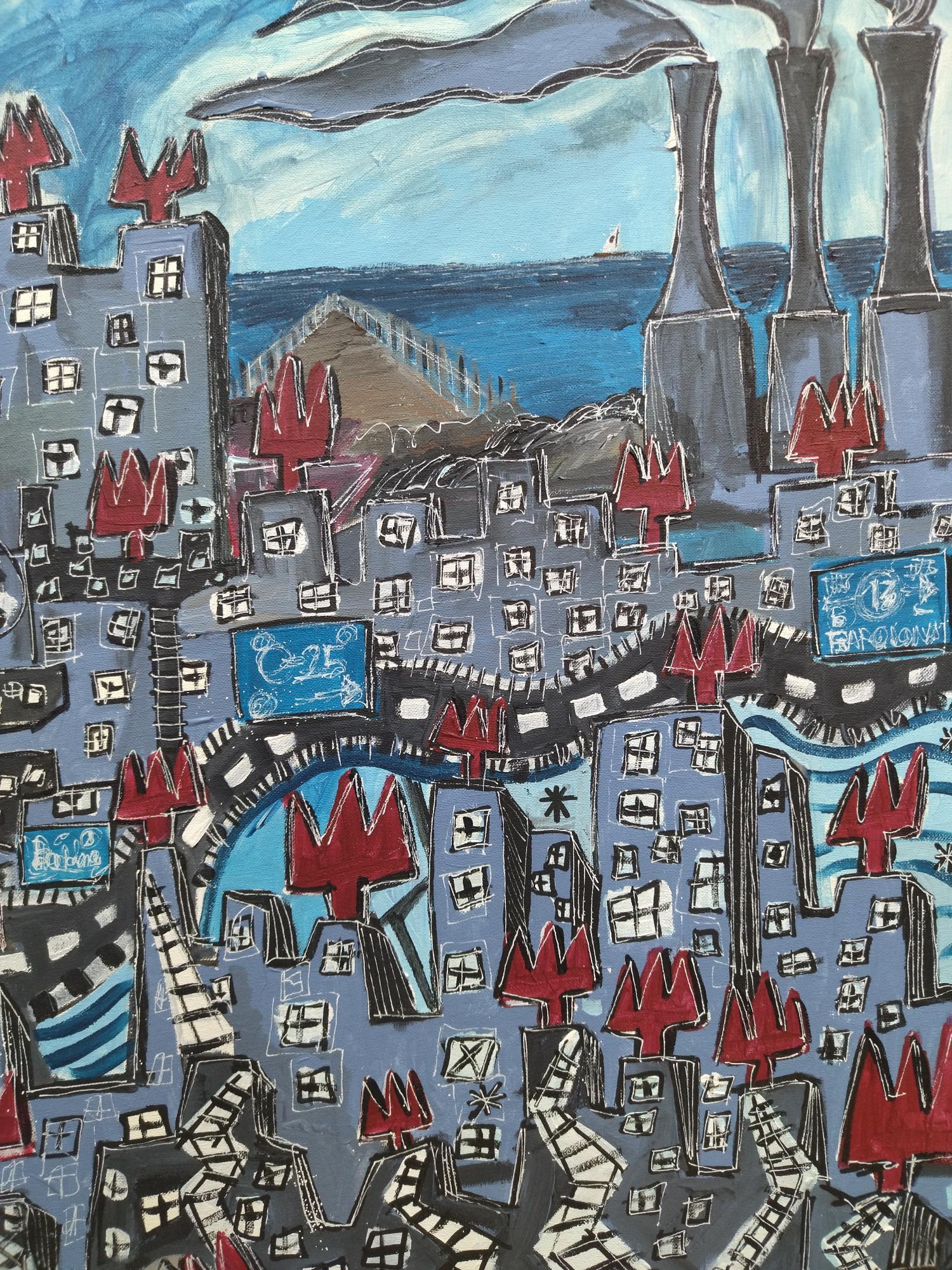 R. Poch. Badalona 80x100 CM  pittura acrilica originale - Landscape Painting Grigio di Ramon Poch