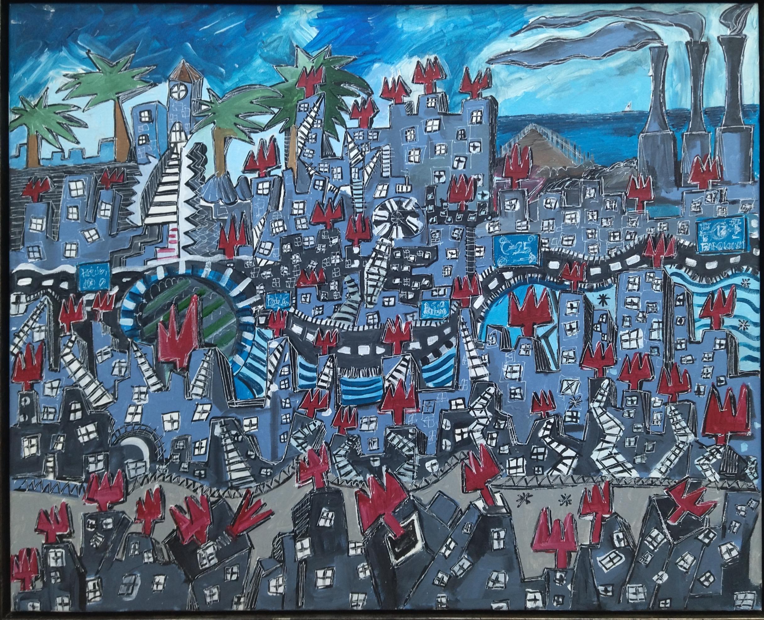 Landscape Painting di Ramon Poch - R. Poch. Badalona 80x100 CM  pittura acrilica originale