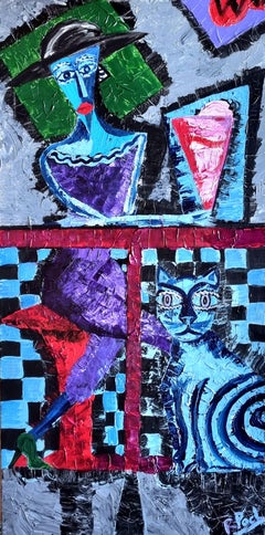 R. Poch Bar Azul 100x50 cm pintura acrílica original. Vertical
