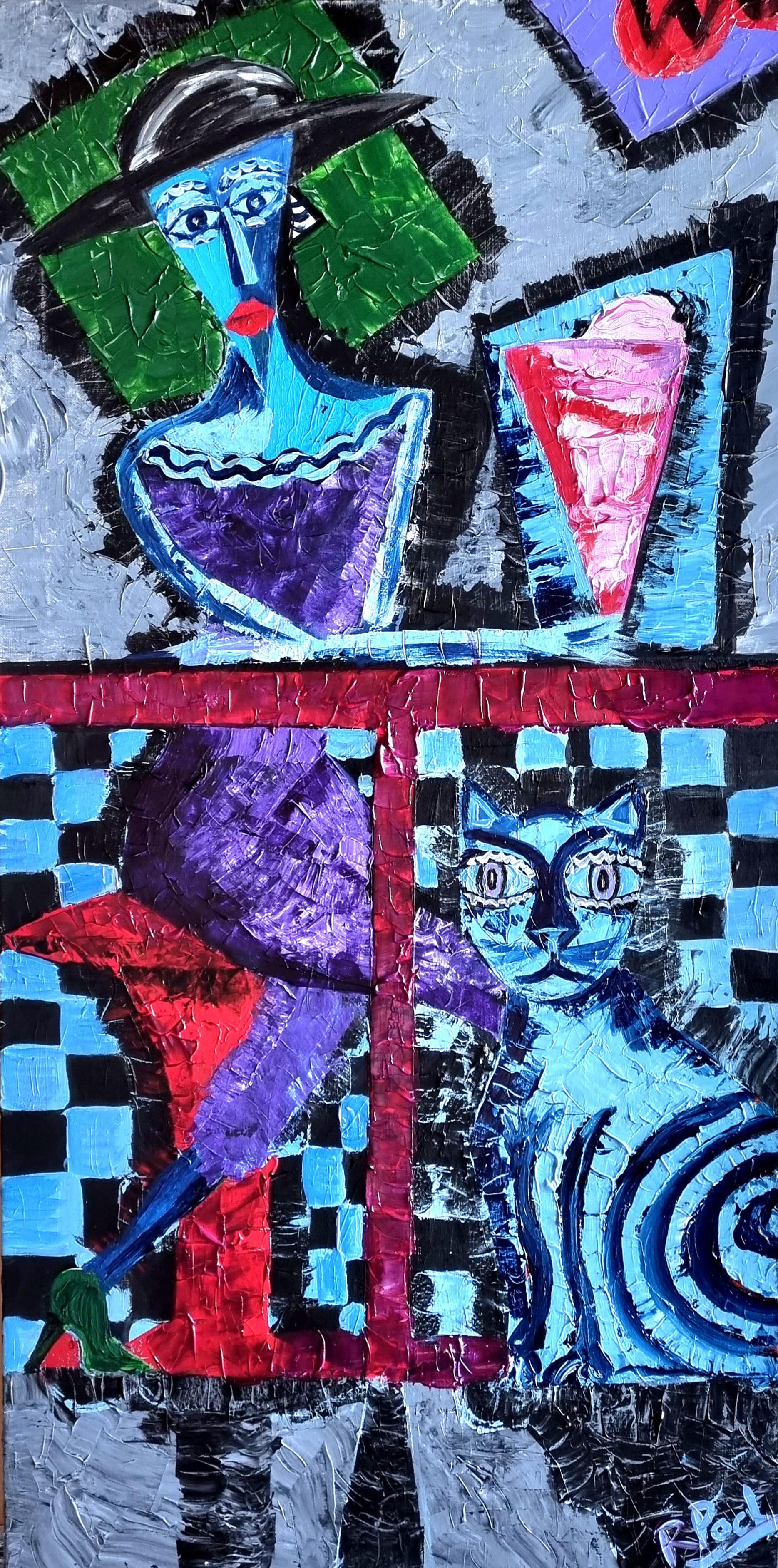 Landscape Painting di Ramon Poch - R. Poch Bar Blue 100x50 cm, dipinto originale in acrilico. Verticale