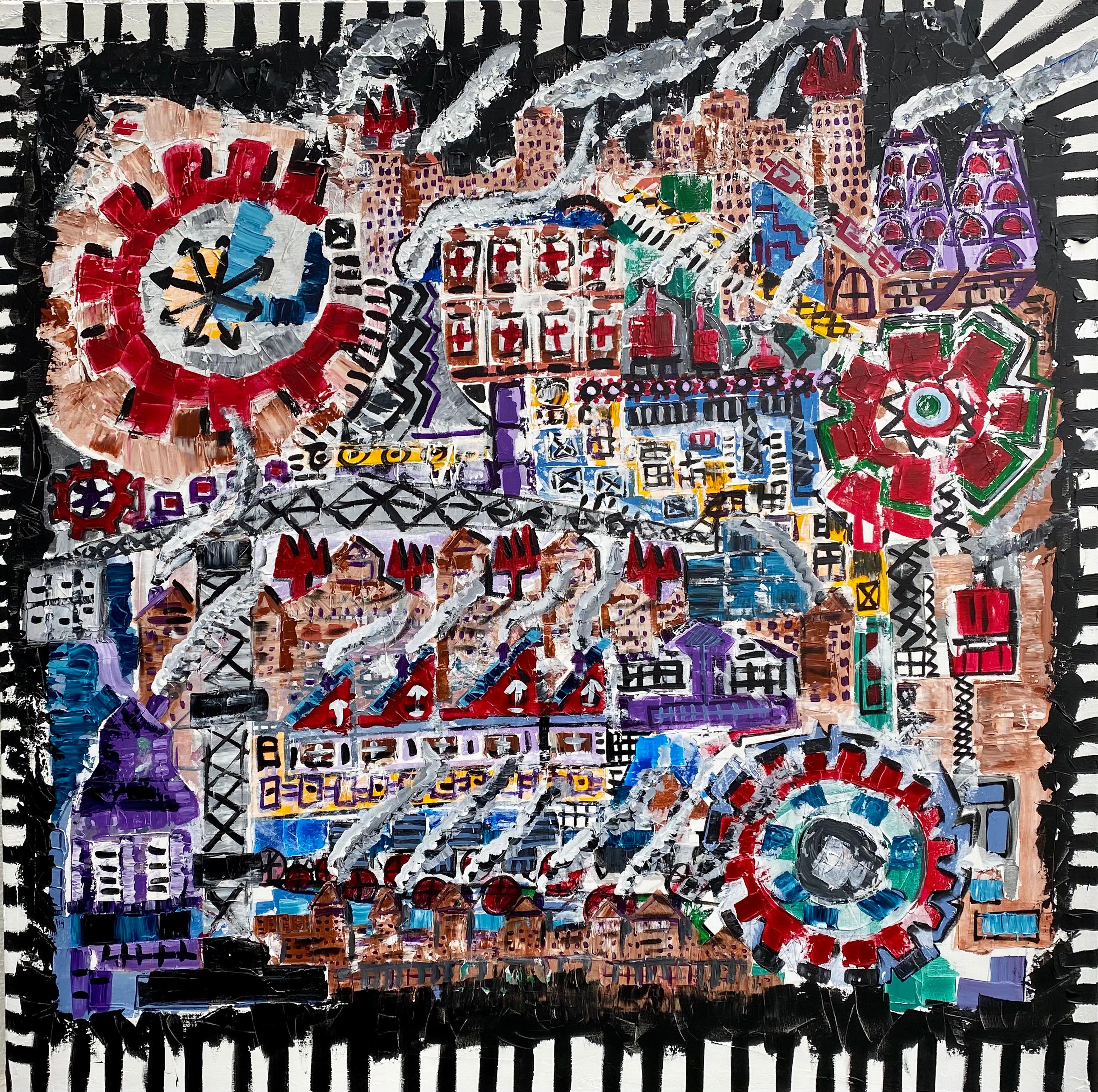 Ramon Poch Abstract Painting - R. Poch  Big Square  IndustrialCity . original acrylic painting