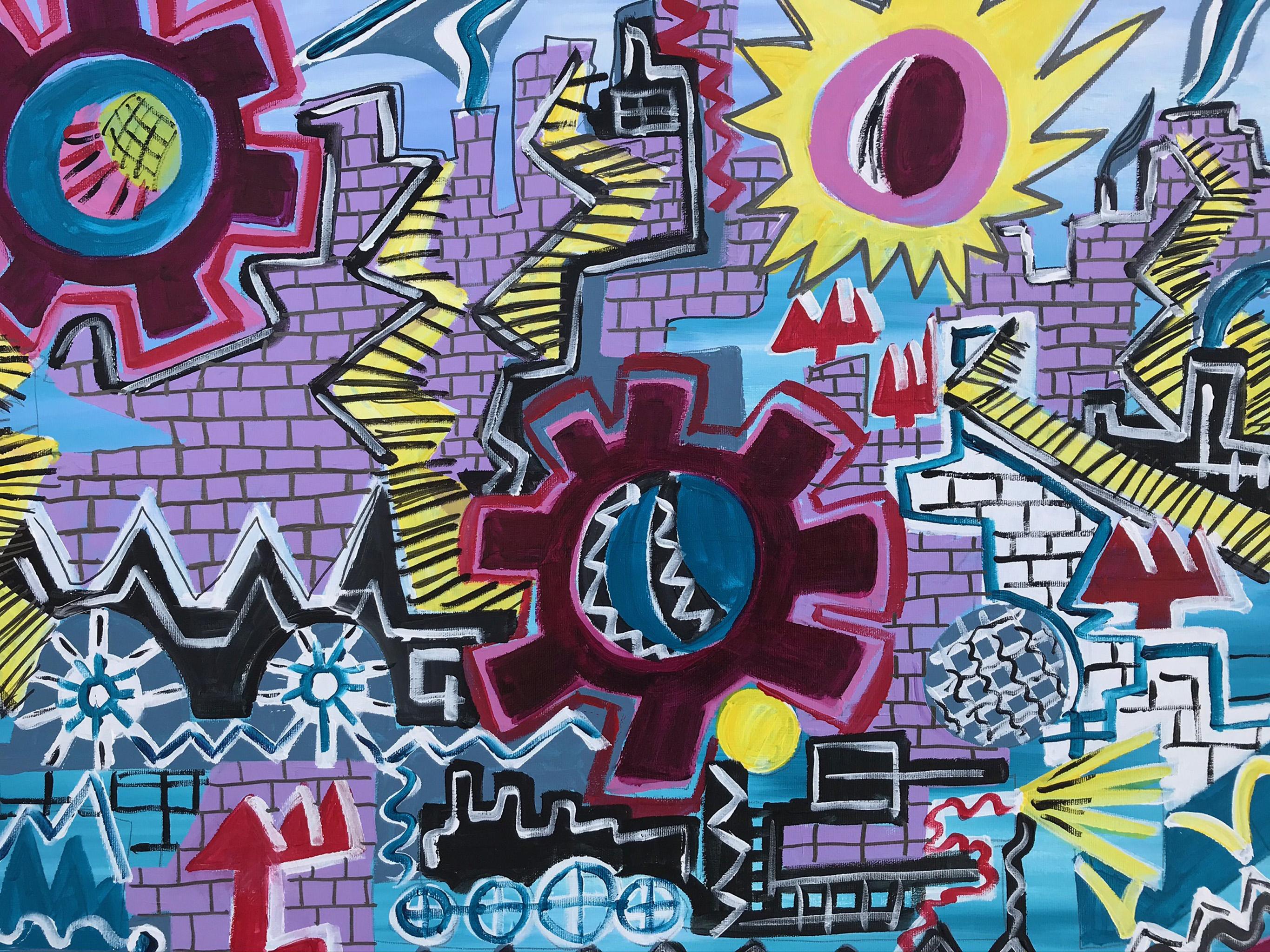 R. Poch  Bleu  Marguerites  Château  peinture acrylique - Expressionnisme abstrait Painting par Ramon Poch