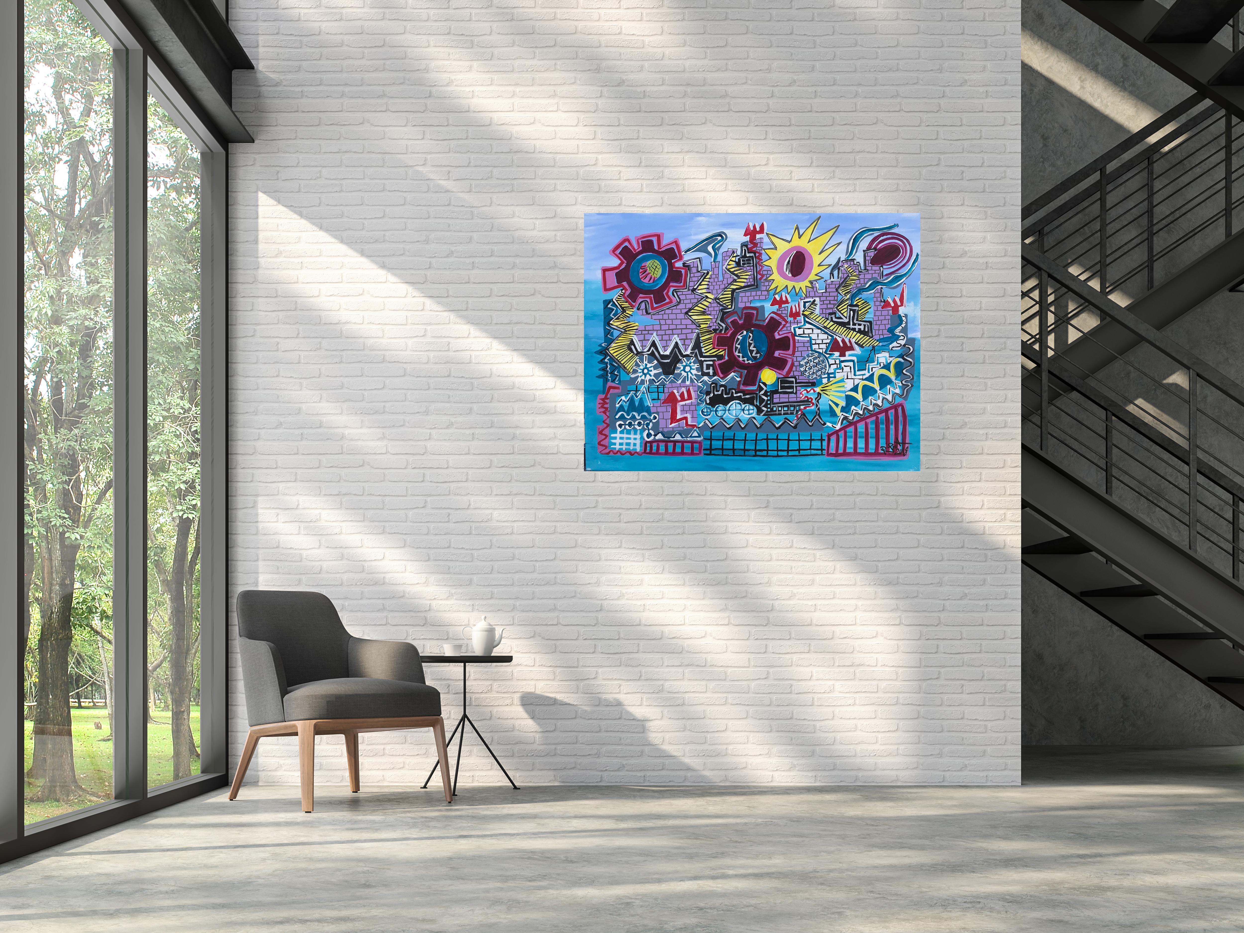 R. Poch  Bleu  Marguerites  Château  peinture acrylique en vente 1