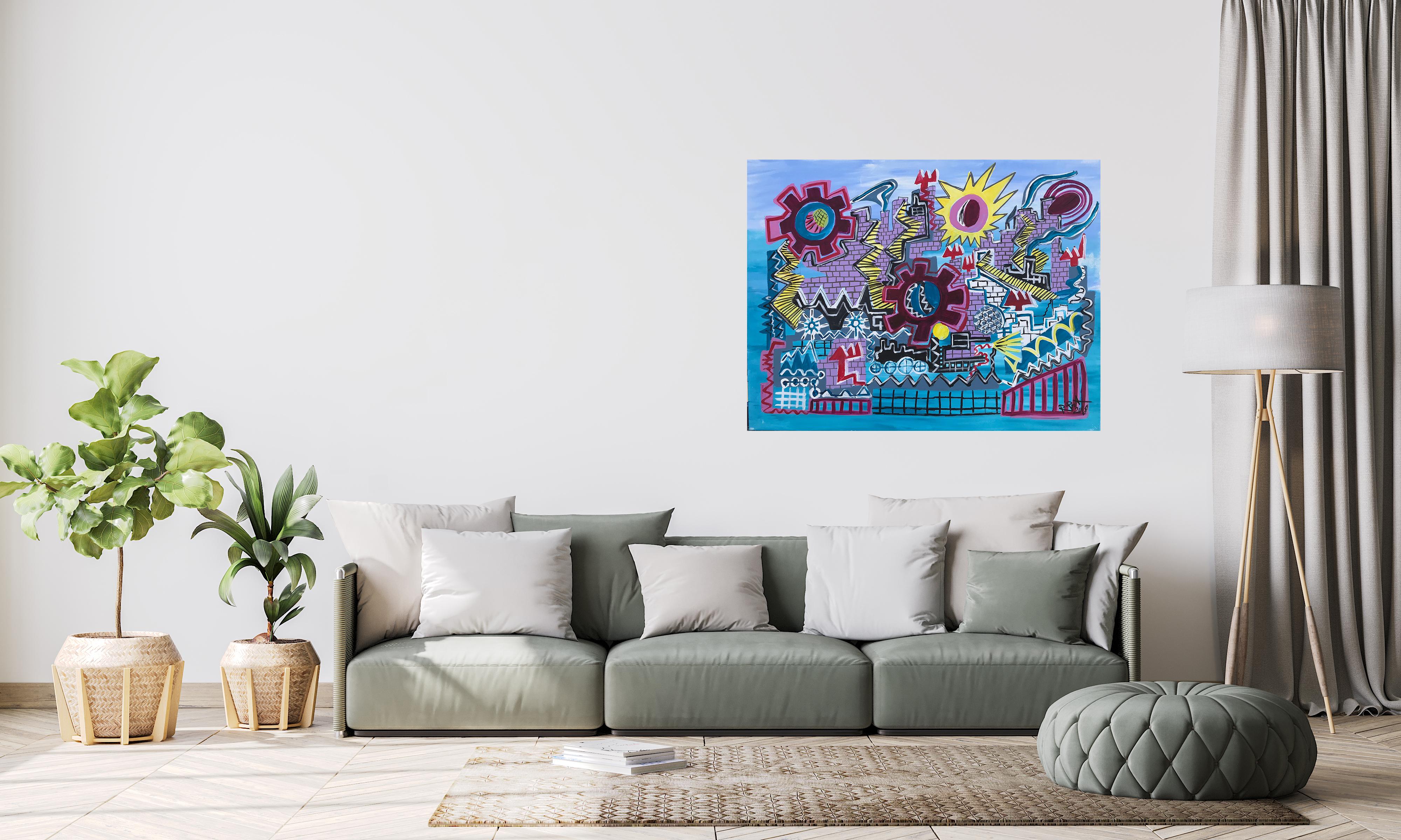 R. Poch  Bleu  Marguerites  Château  peinture acrylique en vente 2