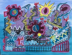 Blue Daisies Castle Acrylic Painting, Abstract Expressionist, 2010+