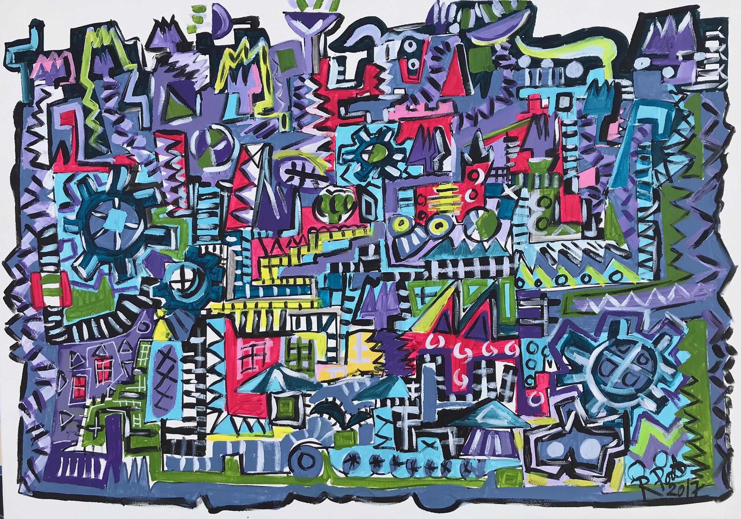 R. Poch    Blue Factory 15    original acrylic painting - Painting by Ramon Poch