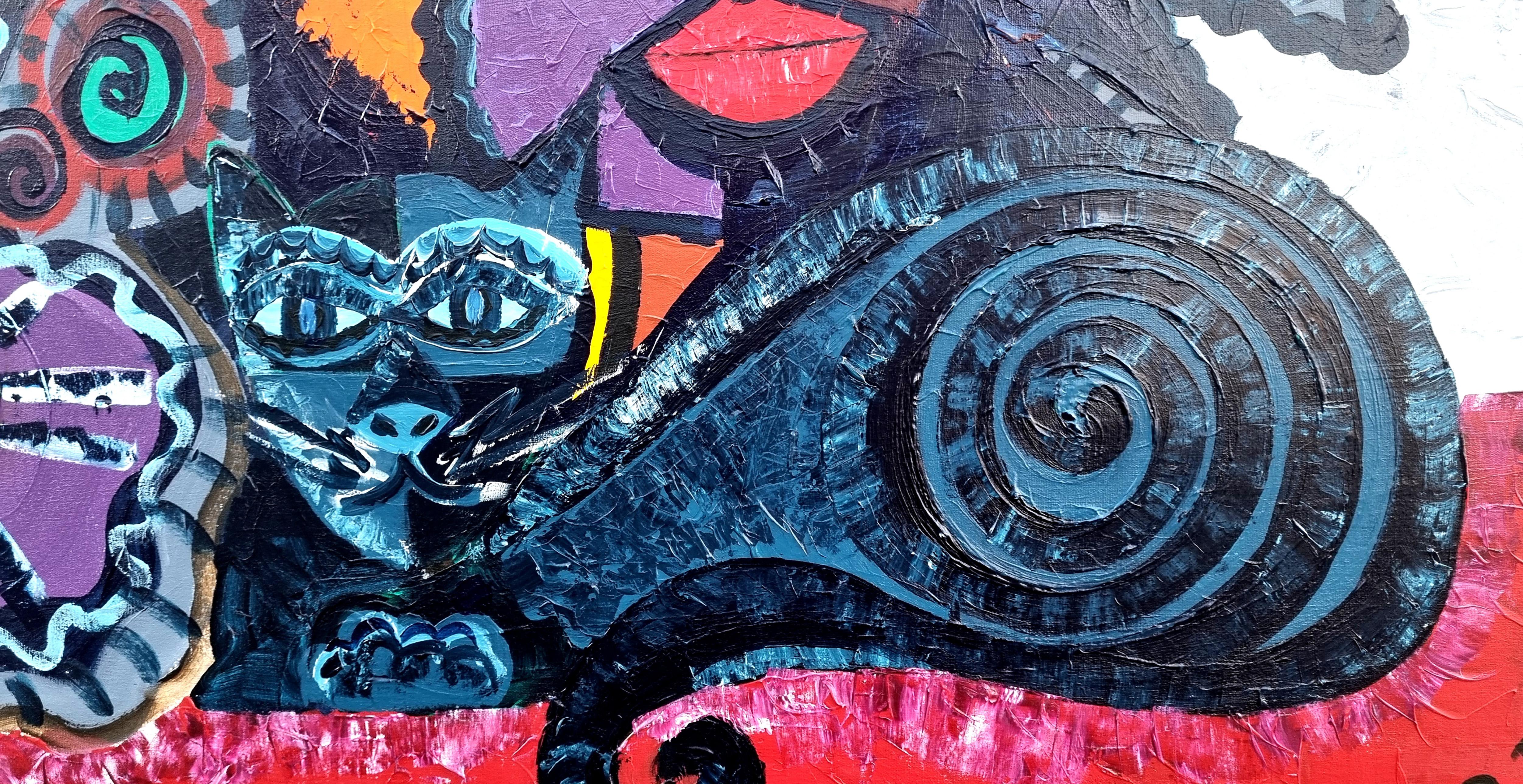 R Poch  Cat 112 pareja de gatos originale peinture acrylique - Expressionnisme abstrait Painting par Ramon Poch