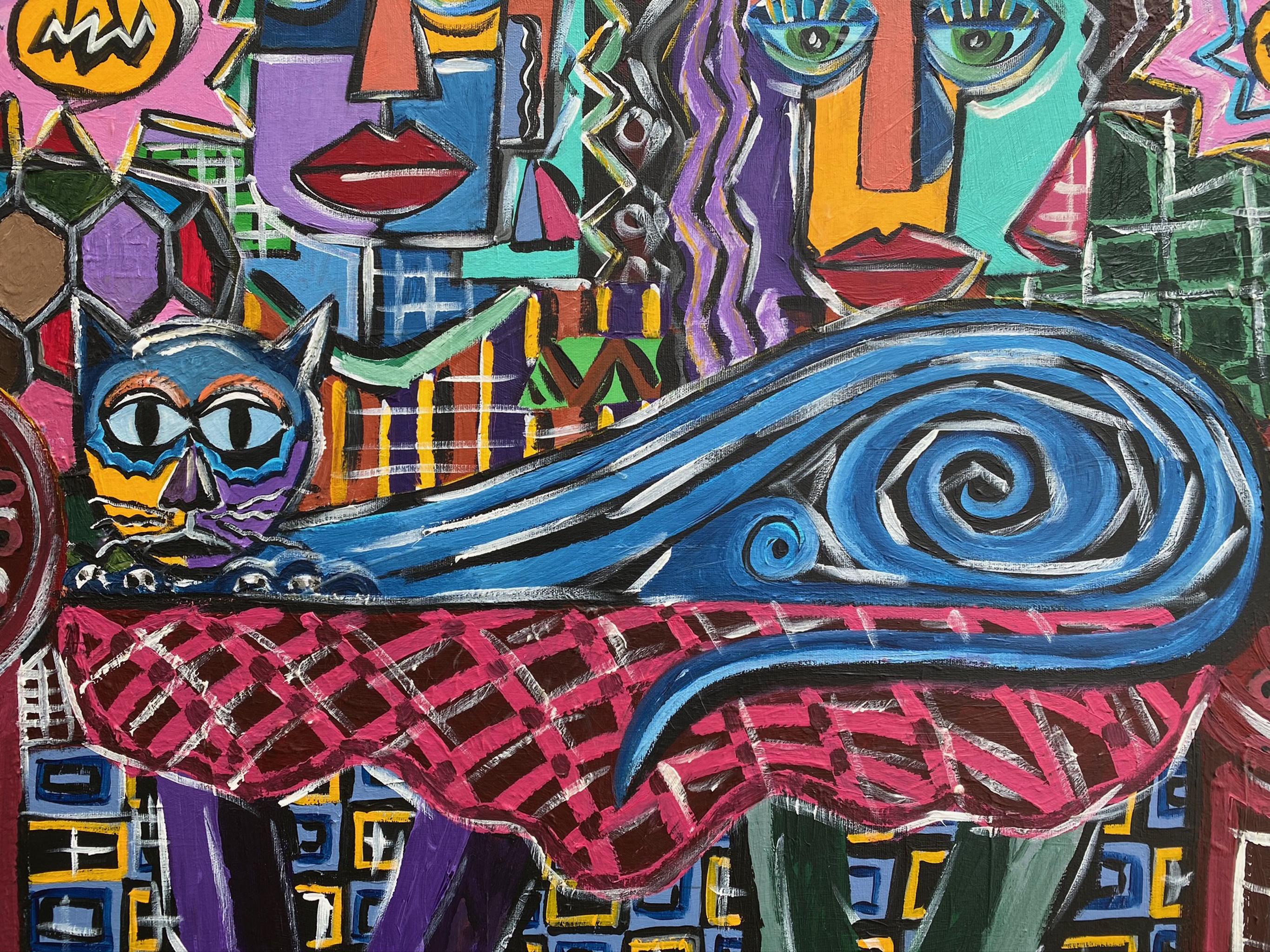 R. Poch  Cat in Blue 130 x 97 cm. 58 Original-Acrylgemälde in Blau – Painting von Ramon Poch