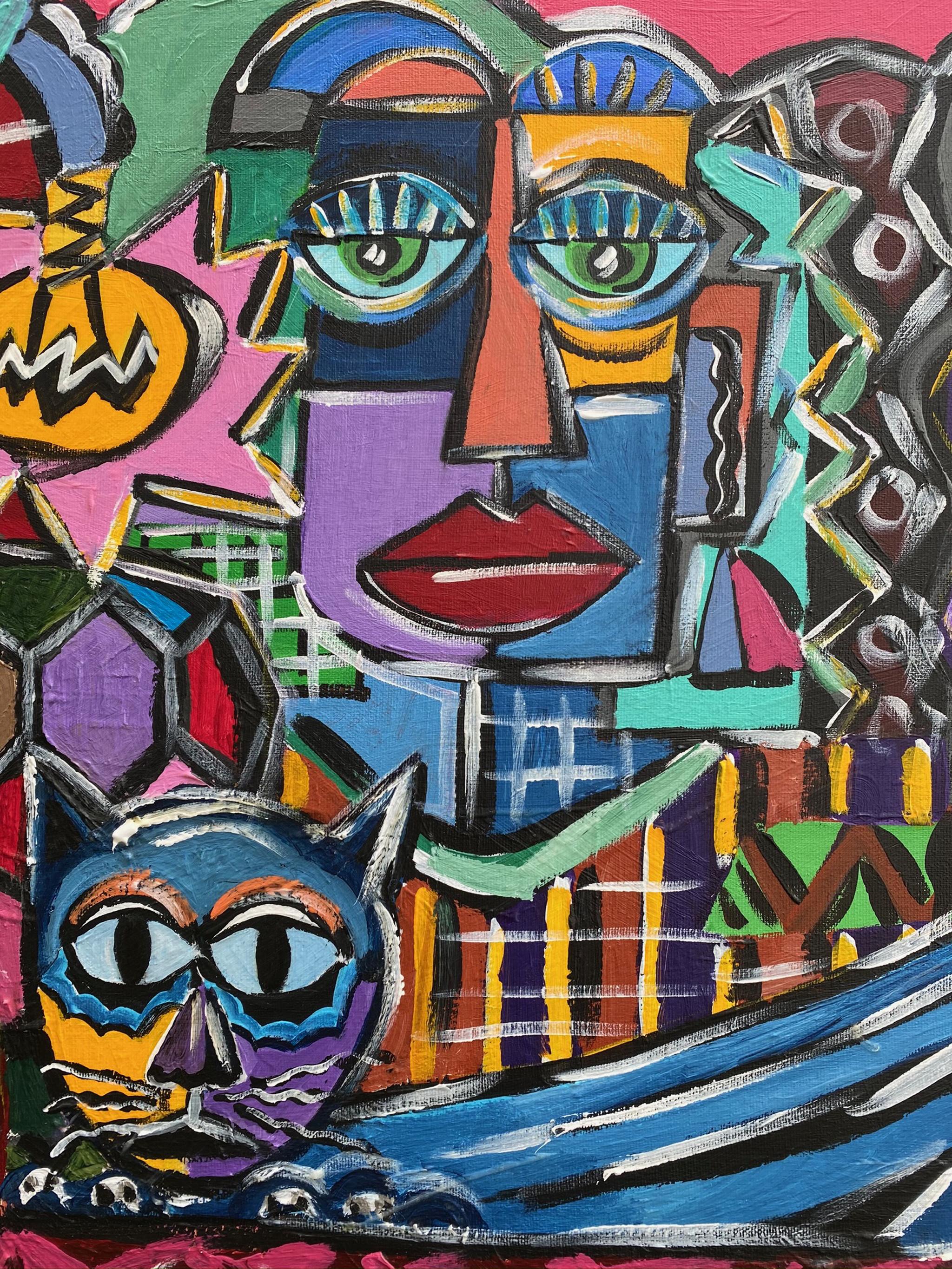 R. Poch  Cat in Blue 130 x 97 cm. 58 Original-Acrylgemälde in Blau (Schwarz), Abstract Painting, von Ramon Poch