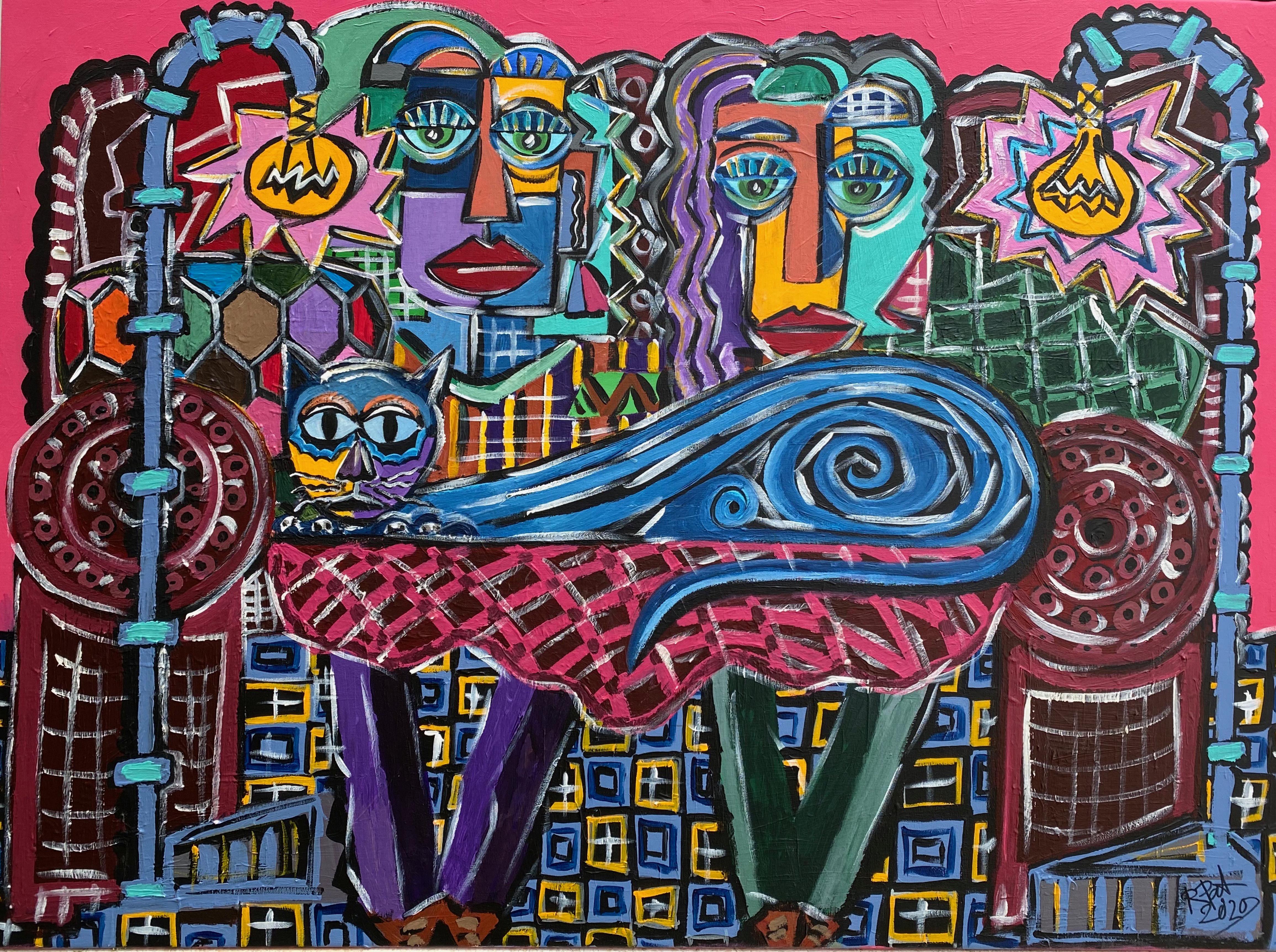 Ramon Poch Abstract Painting - R. Poch 58 Cat in Blue 130 x 97 cm. original acrylic painting