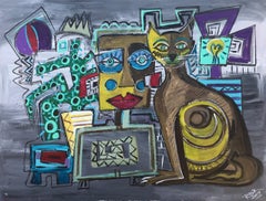 R Poch Cat with Light Bulb peinture acrylique sur toile