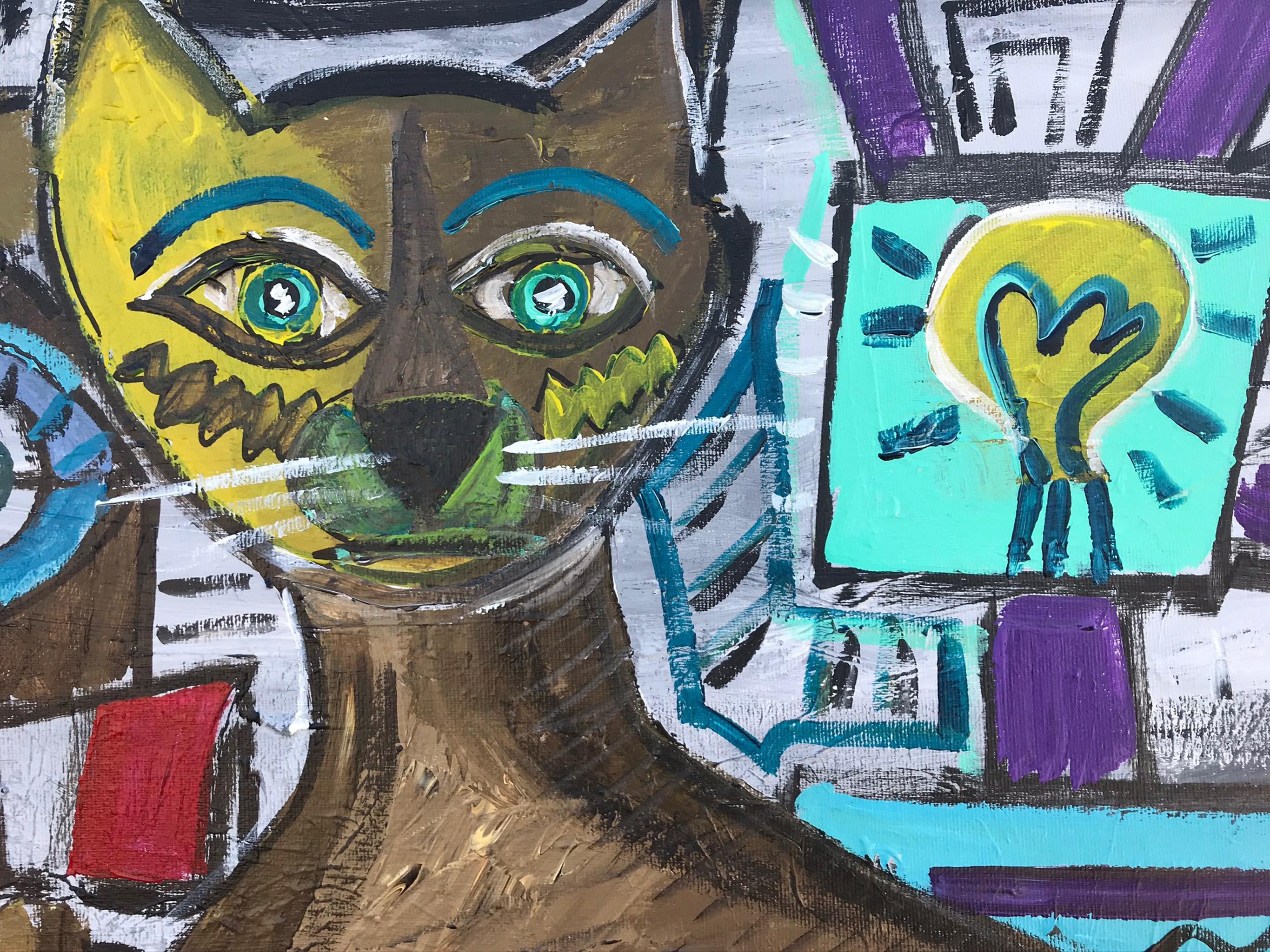R Poch   Gato con  Bombilla  pintura acrílica - Painting Expresionismo abstracto de Ramon Poch