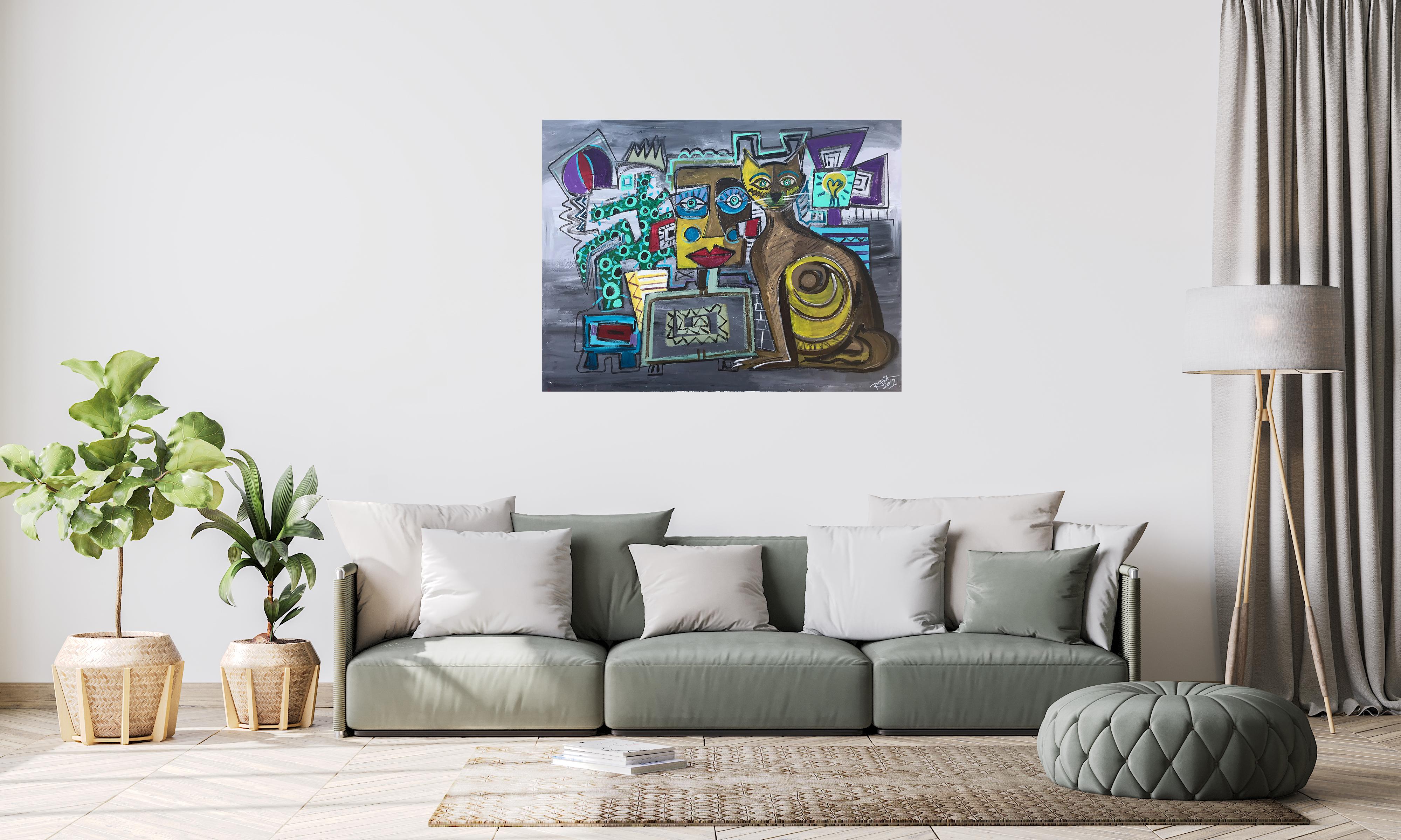 R Poch   Gato con  Bombilla  pintura acrílica en venta 1