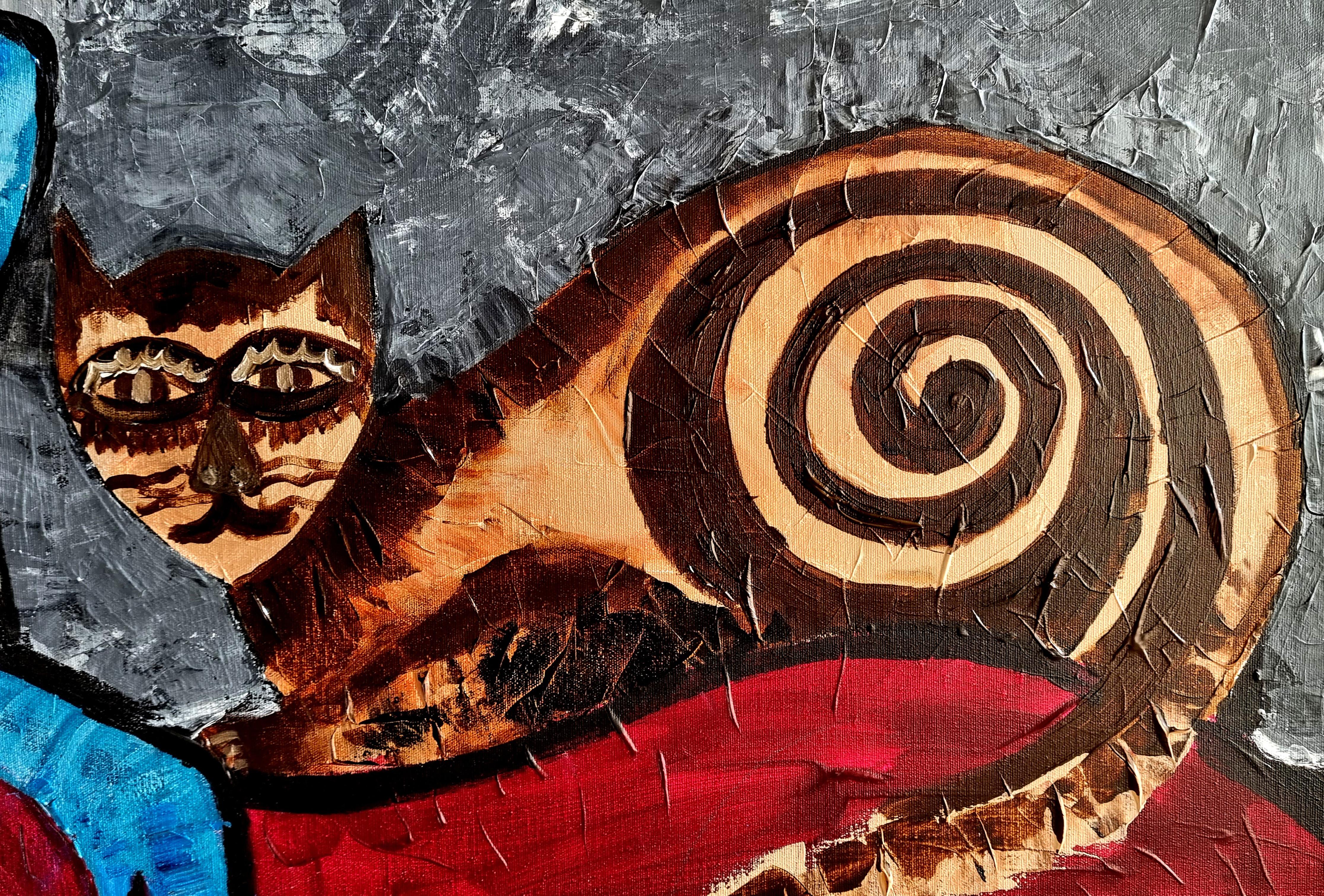 R Poch  Cat Women 109. Femme avec gato  peinture acrylique originale - Noir Abstract Painting par Ramon Poch
