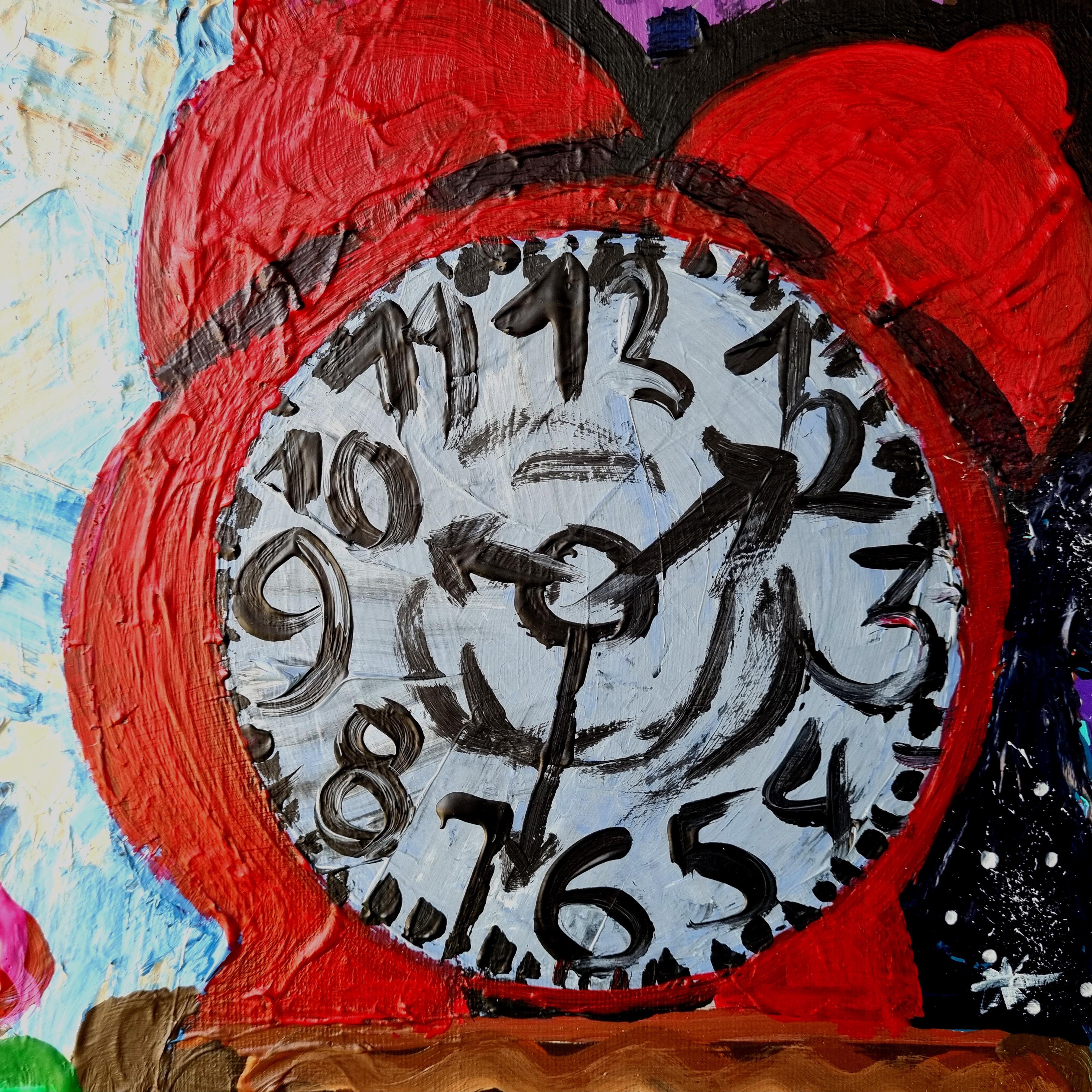 R. Poch   Clock  Cat  Character  Red  original acrylic painting - Painting by Ramon Poch