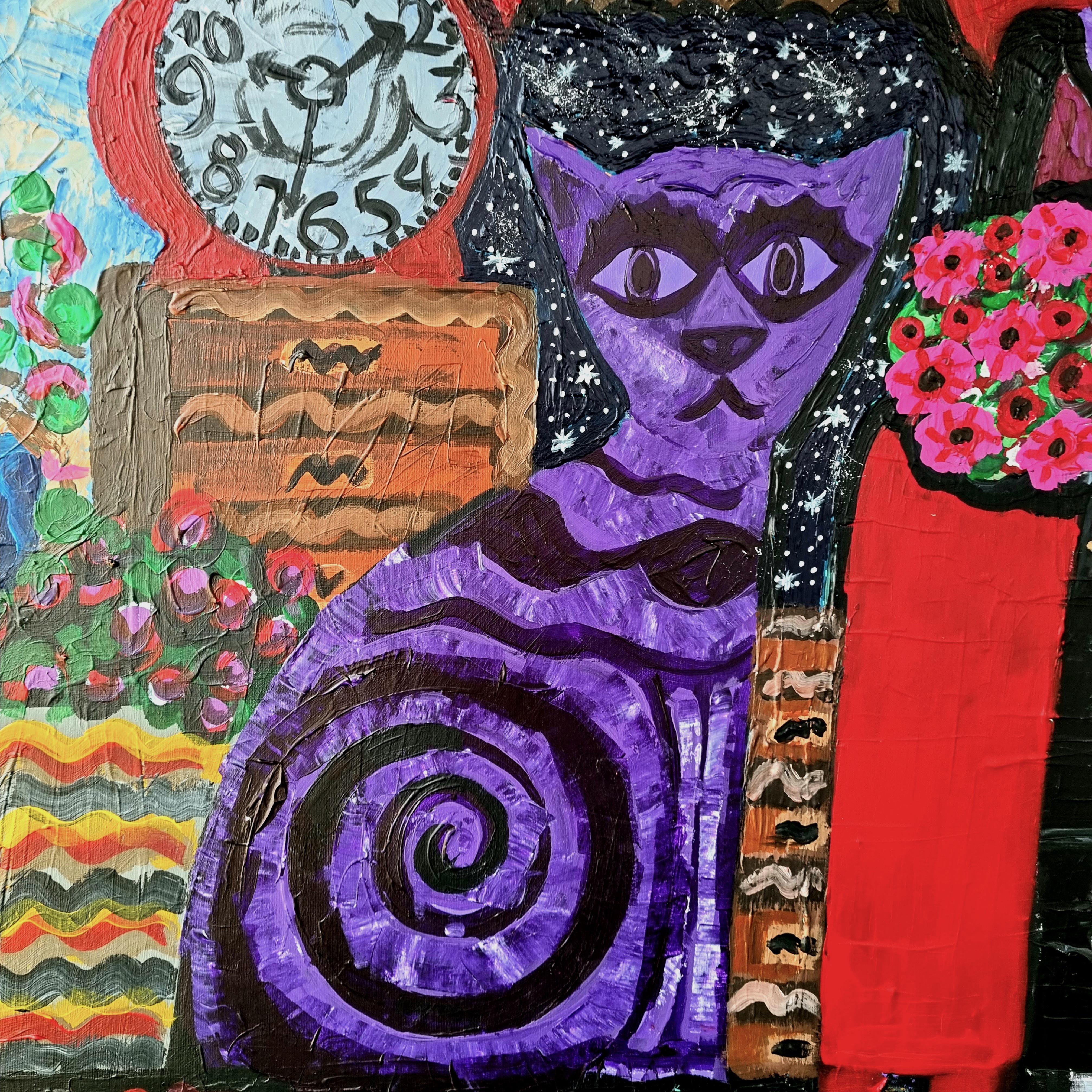 R. Poch   Clock  Cat  Character  Red  original acrylic painting - Abstract Expressionist Painting by Ramon Poch